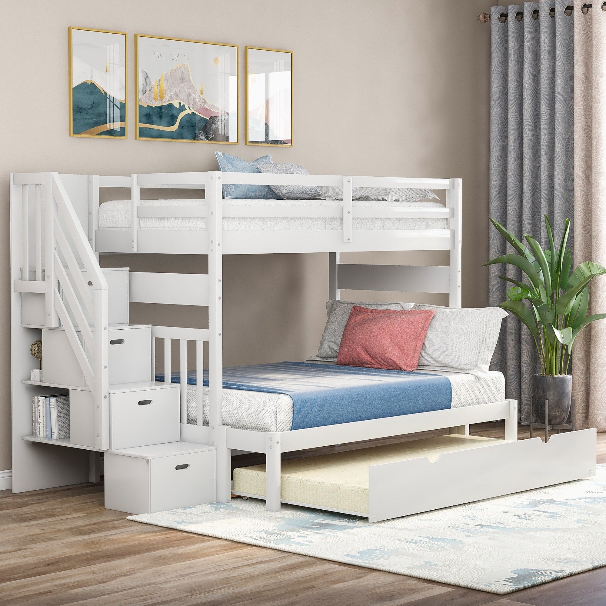 Twin Over Full Bunk Bed With Trundle And Storage Stairs Solid Pine Wood Frame