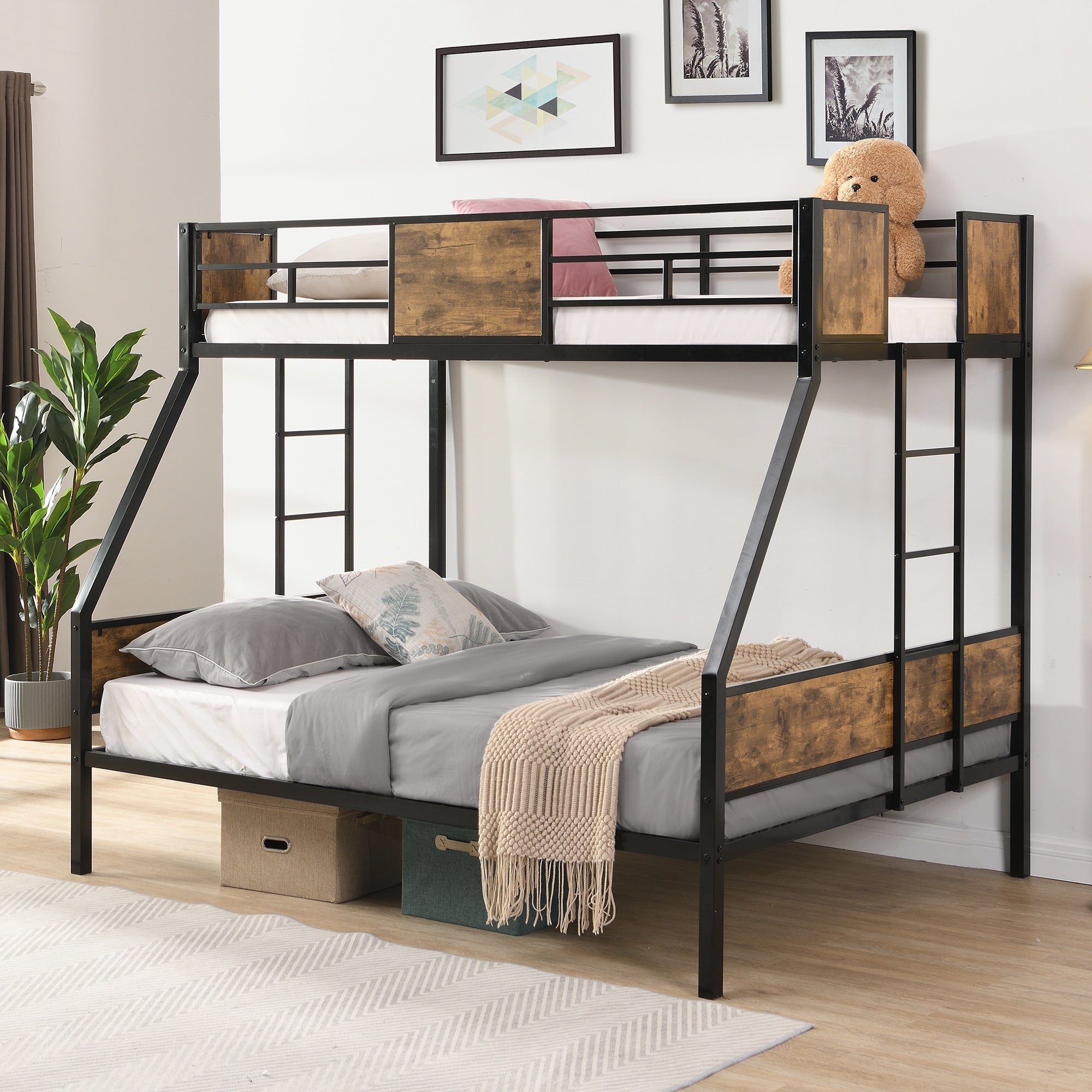 Twin Over Full Metal Bunk Bed With 2 Side Ladder And Full Length Guardrail No Box Spring Needed Large Under Bed Storage