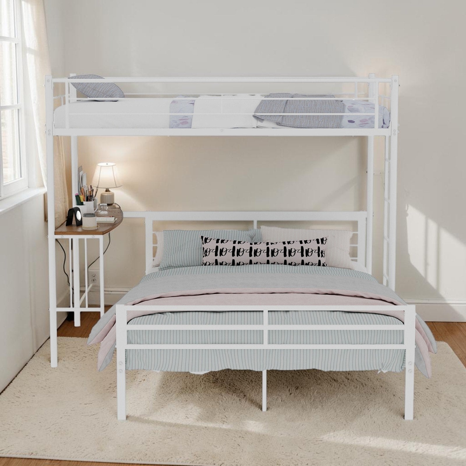 Twin Over Full Metal Loft Bed With Desk L Shaped Bunk Bed Frame With Ladder And Guardrails