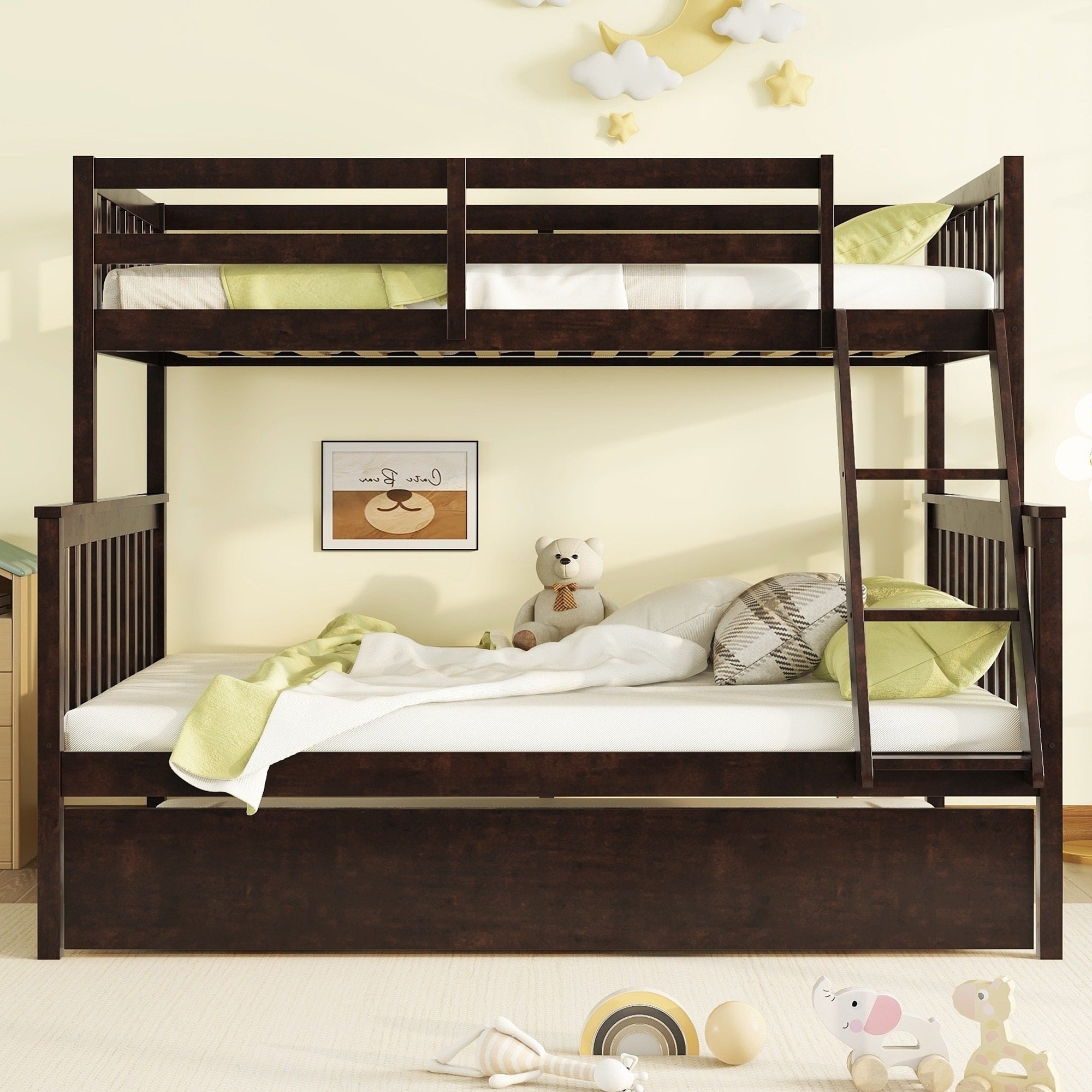 Twin Over Full Rubber Wood Bunk Bed With Trundle Ladder And Guardrail Detachable Convertible Bed With Twin Size Trundle