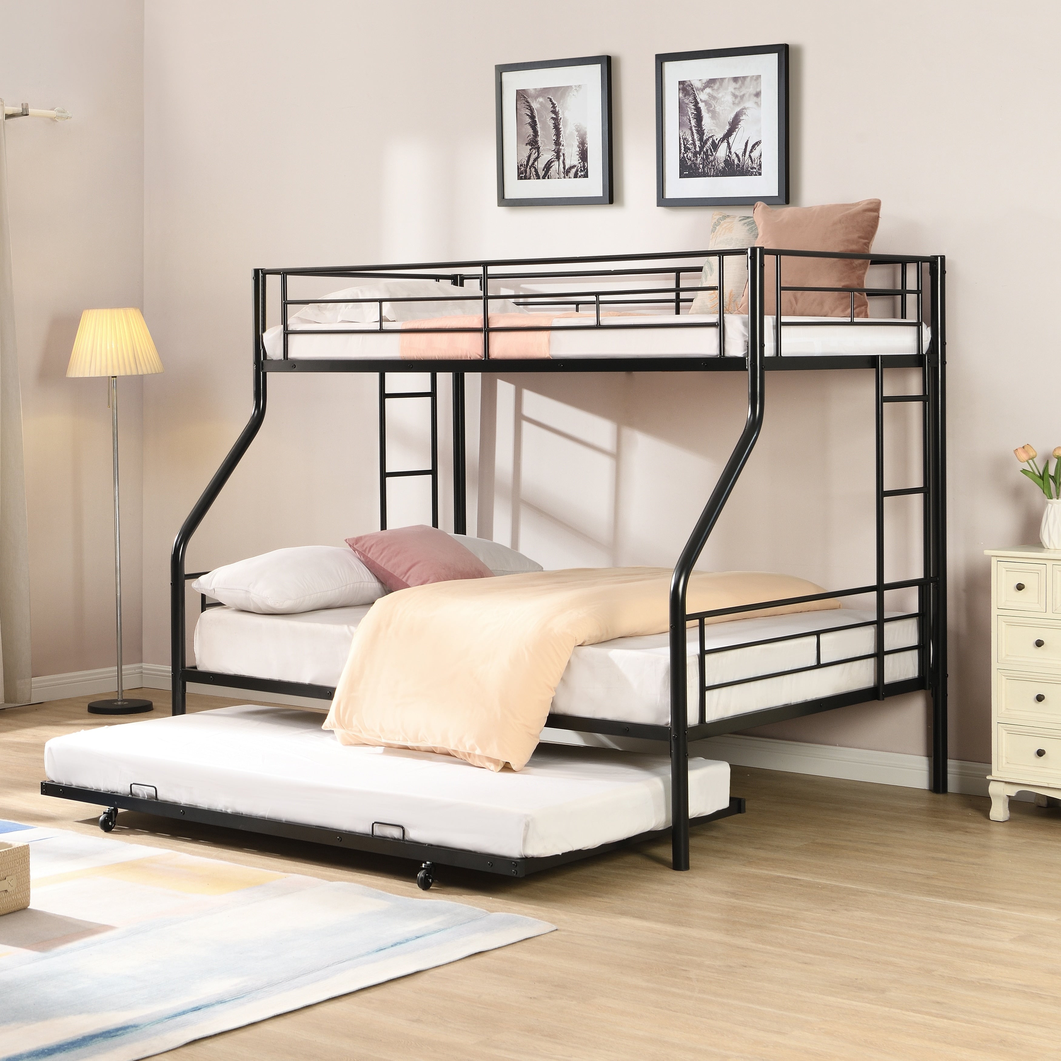 Twin Over Full With Trundle Metal Bunk Bed No Box Spring Needed Easy Assemble