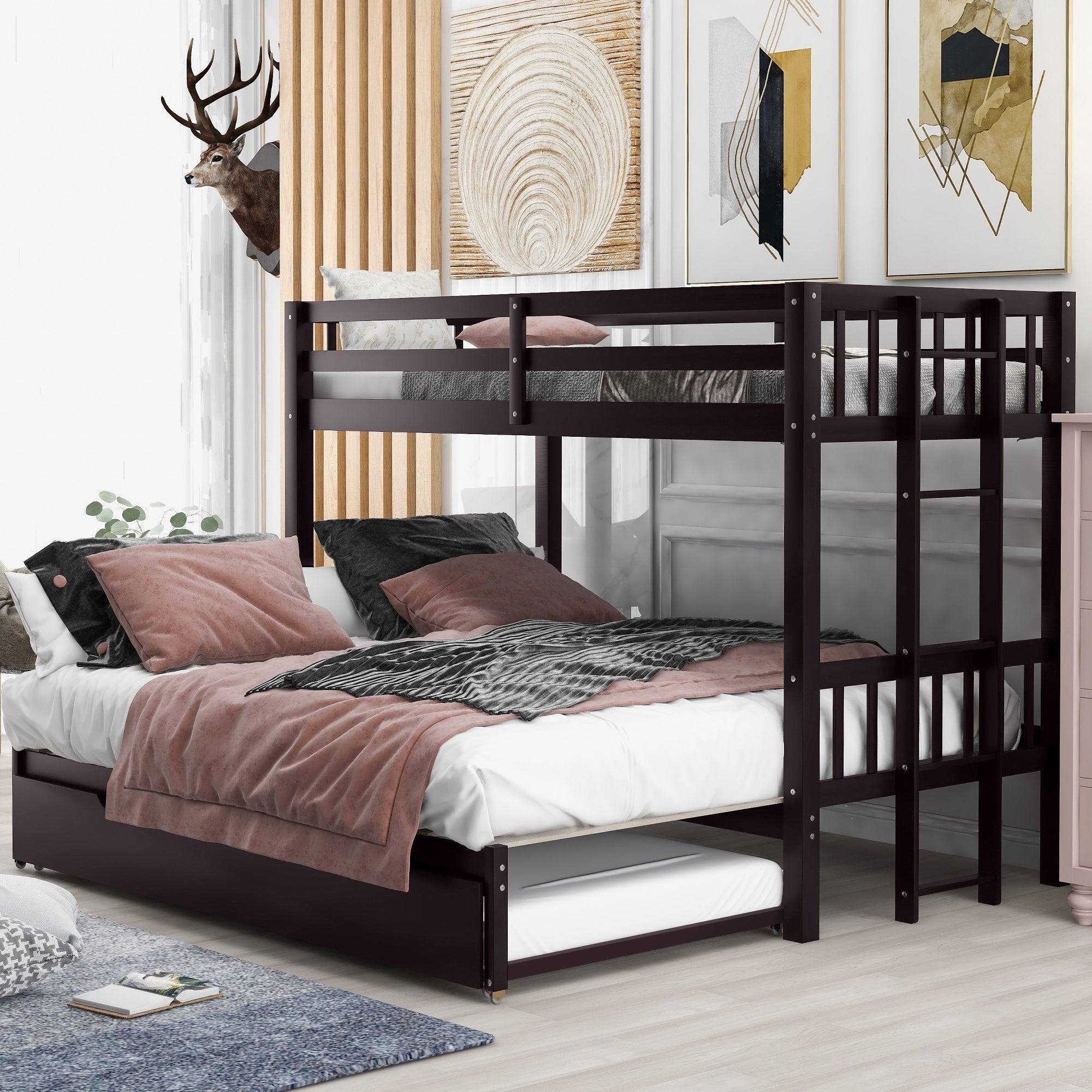 Twin Over Pull Out Bunk Bed With Trundle Space Saving Design
