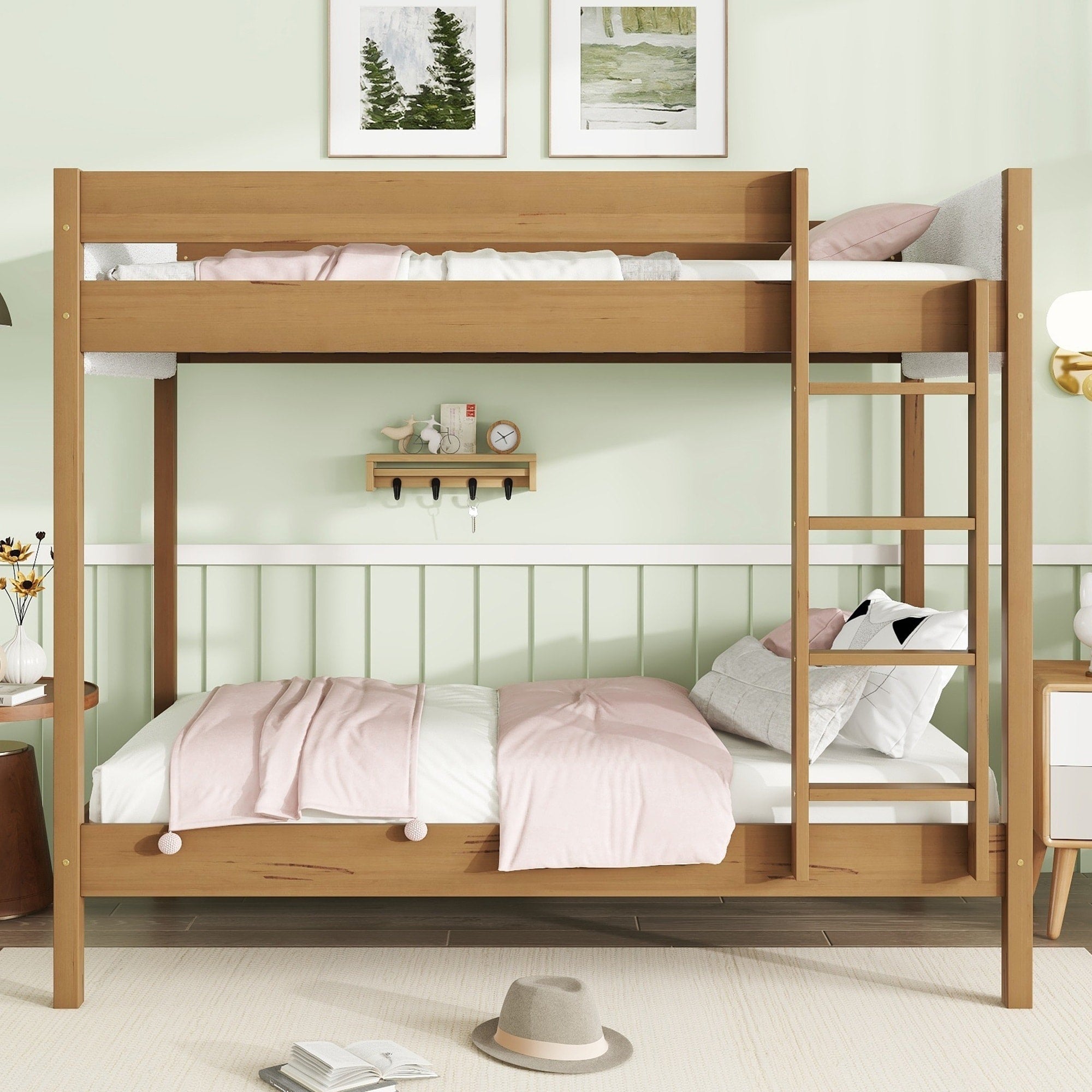 Twin Over Twin Bunk Bed With Boucle Upholstered Headboard And Footboard Ladder Safety Guardrails