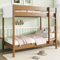 Twin Over Twin Bunk Bed With Boucle Upholstered Headboard And Footboard Ladder Safety Guardrails Rubber Wooden Bunk Bed