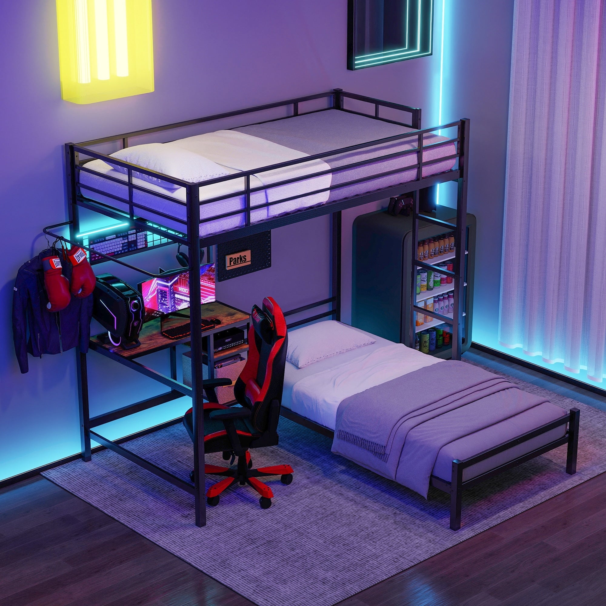 Twin Over Twin Bunk Bed With Desk Storage Shelves Metal Loft Bed