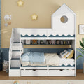 Twin Over Twin Bunk Bed With House Design Drawer Staircase Led Lights