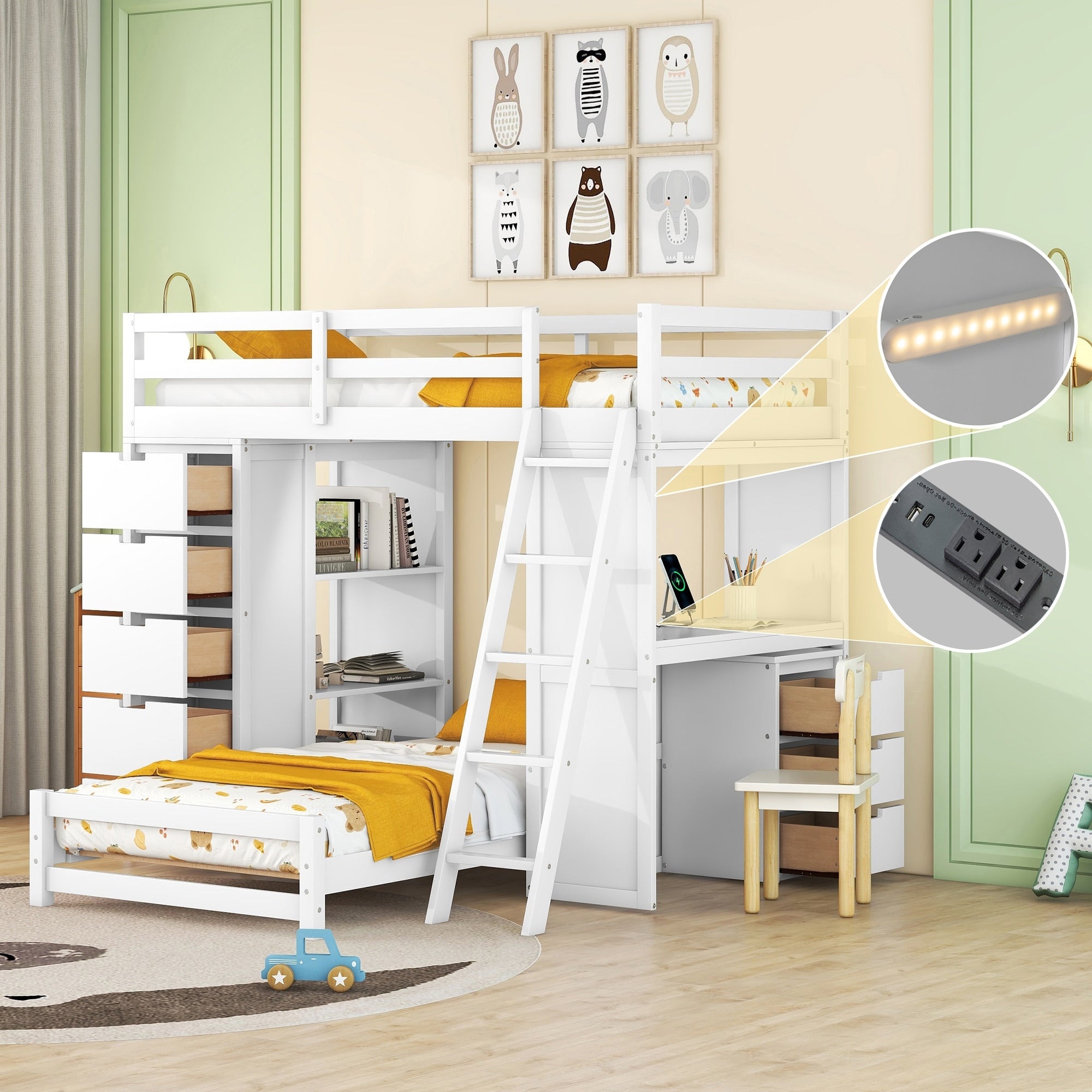 Twin Over Twin Bunk Bed With Led Light And Usb Charging Ports