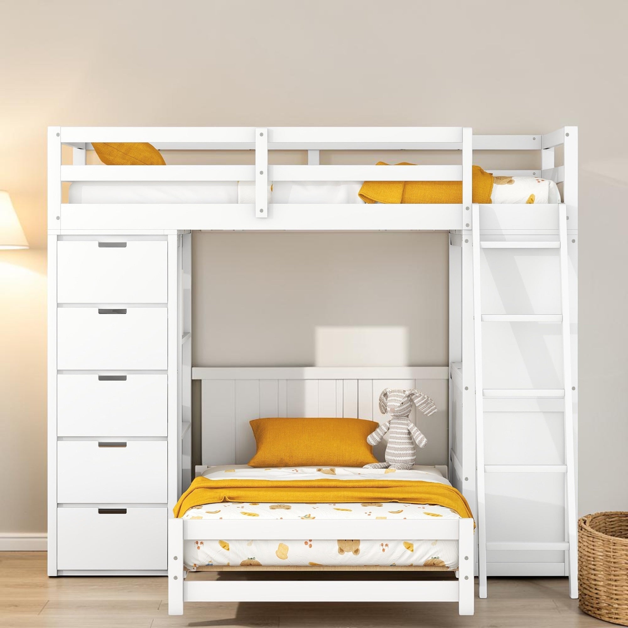 Twin Over Twin Bunk Bed With Led Lights Usb Ports Storage Drawers And Desk