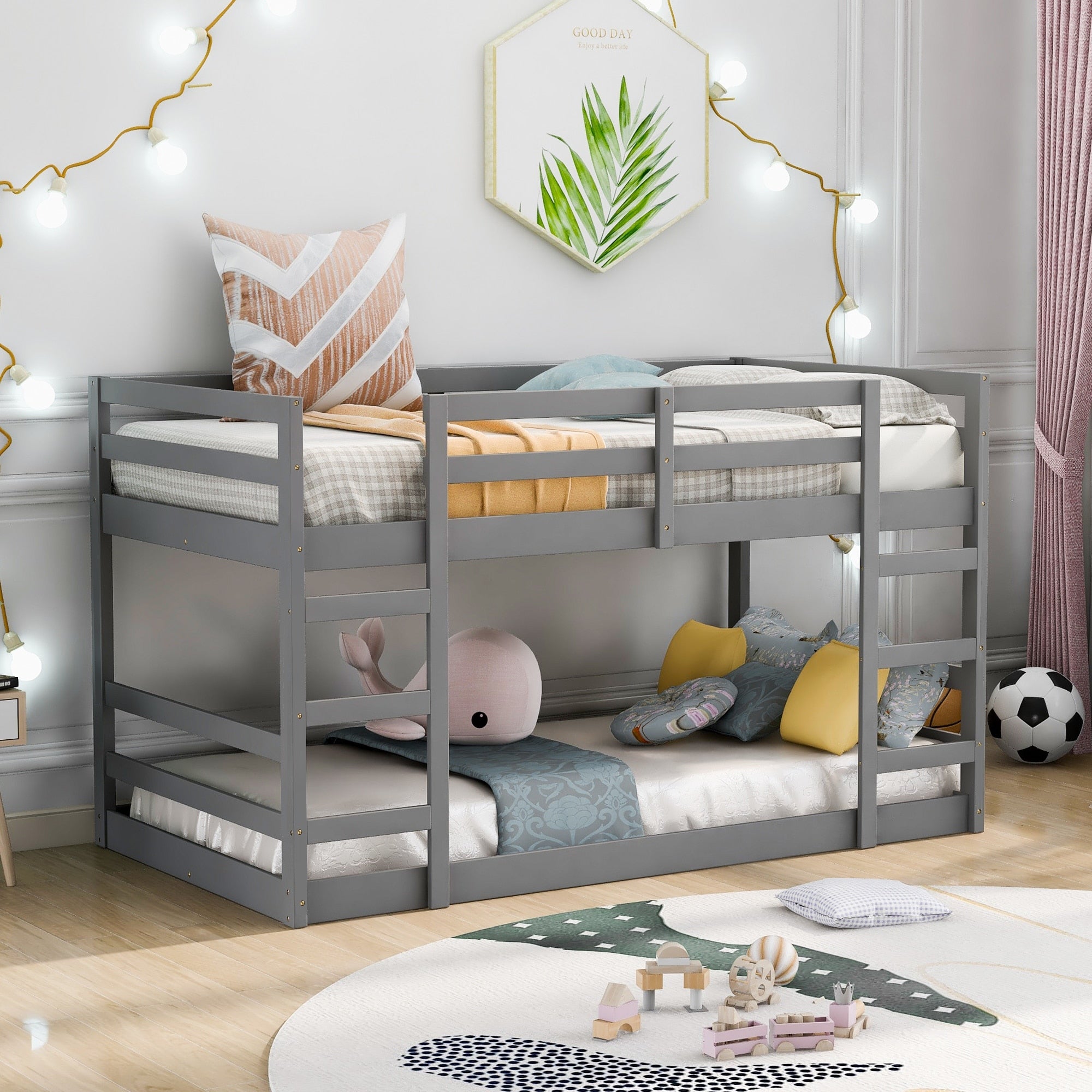 Twin Over Twin Bunk Bed With Ladder Solid Pine Wood Frame