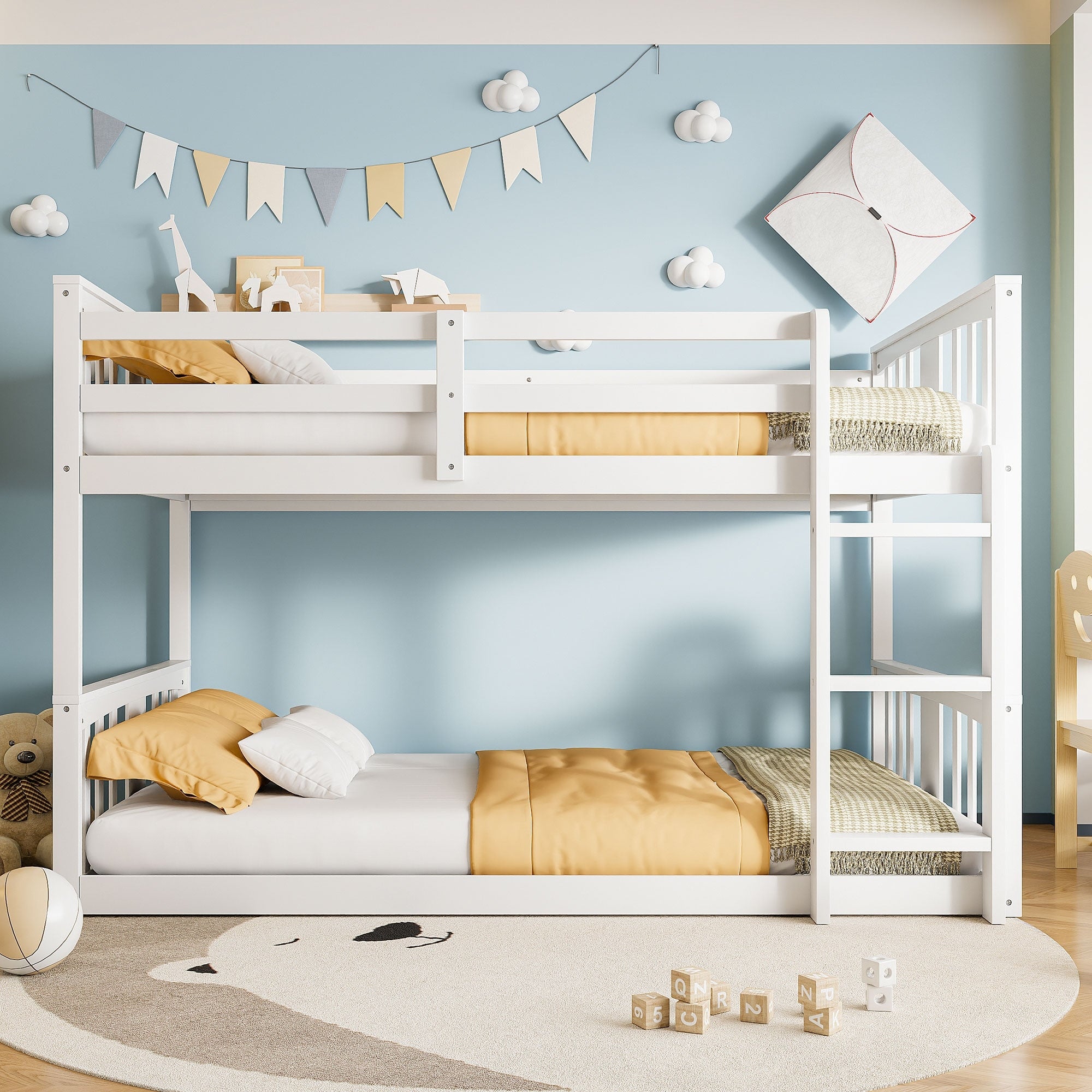 Twin Over Twin Bunk Bed With Ladder And Solid Pine Frame