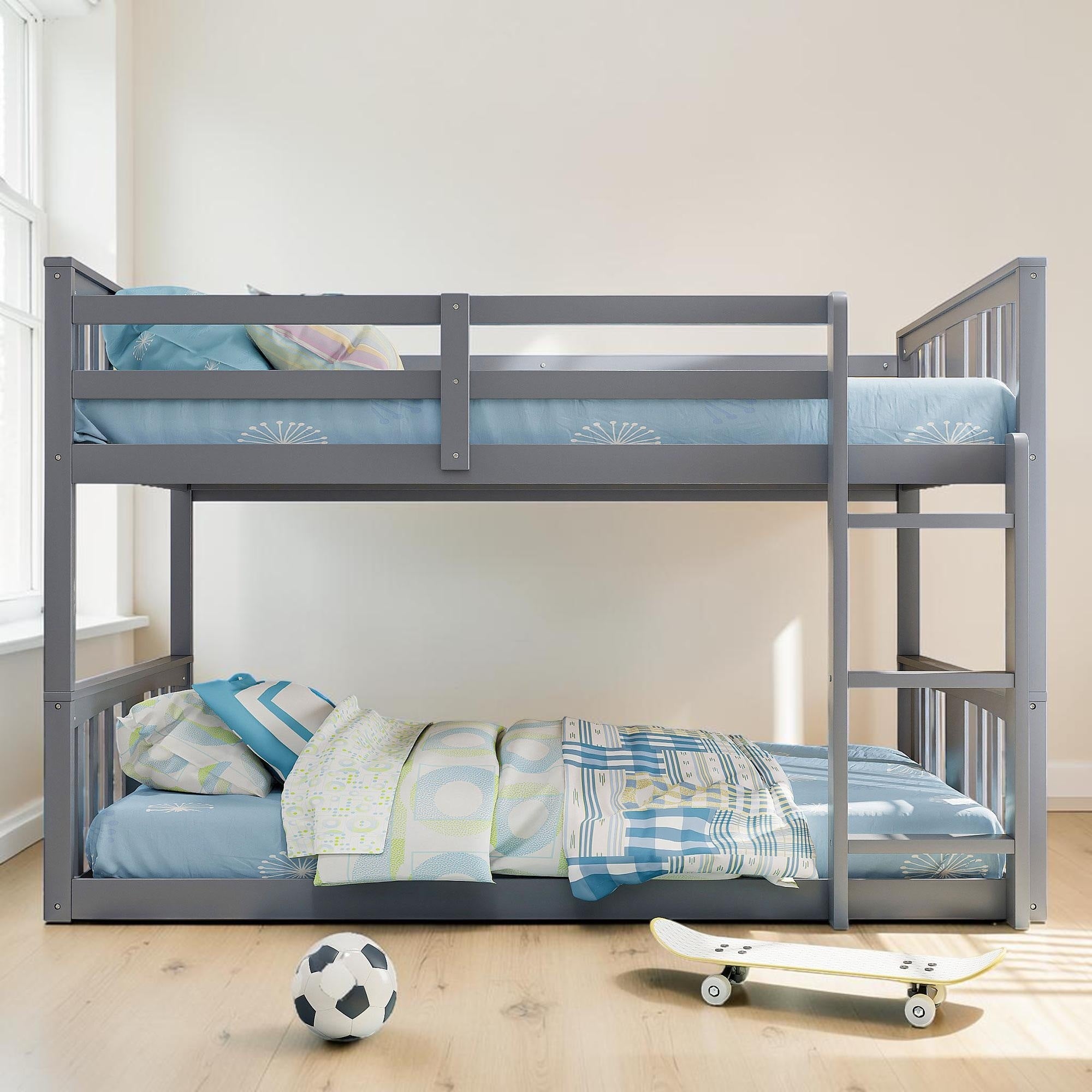 Twin Over Twin Bunk Bed With Ladder Solid Wood Frame Safety Guardrails Space Saving Kids Bed