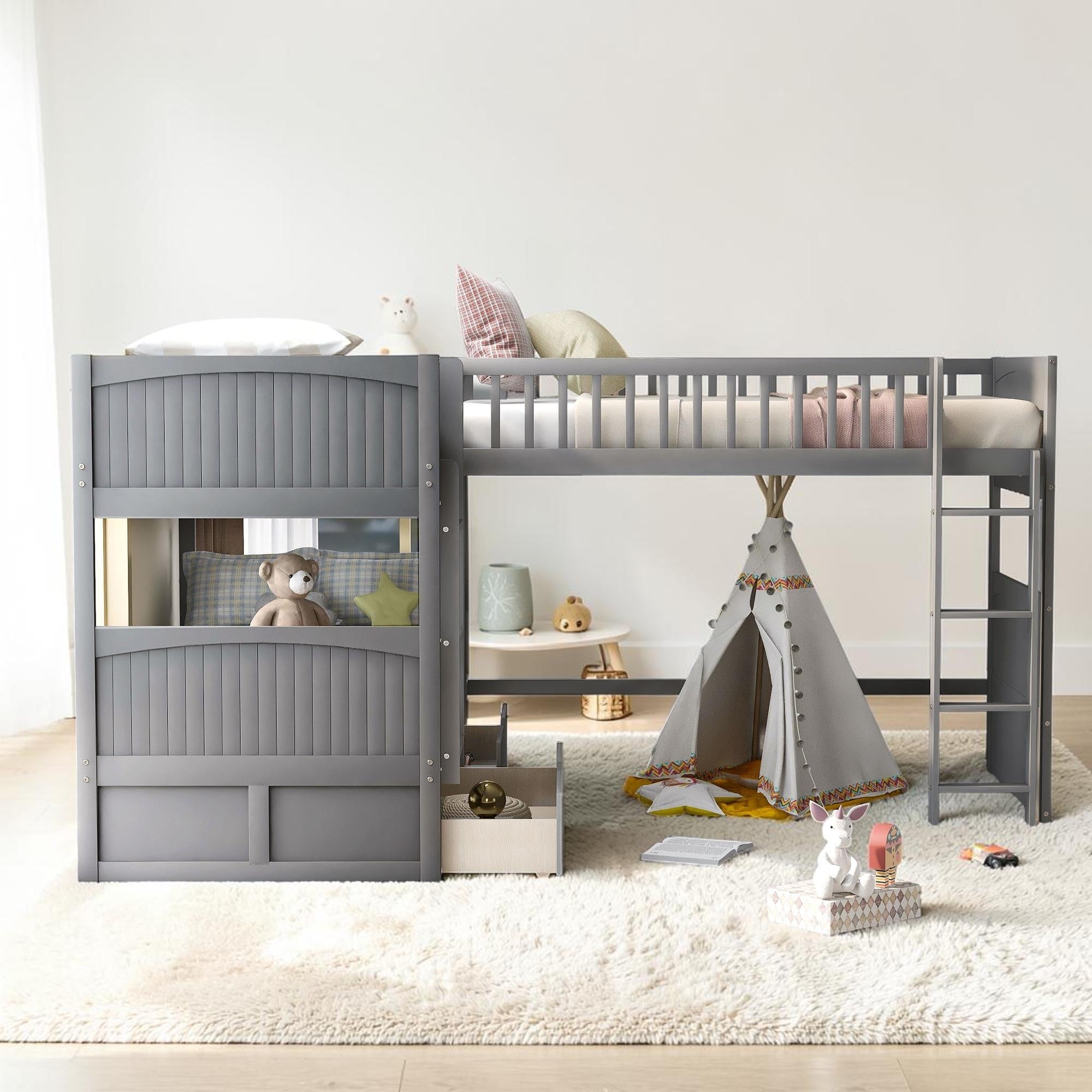 Twin Over Twin Bunk Bed With Loft And Storage Drawers Wood Triple Bed Frame For Kids And Teens