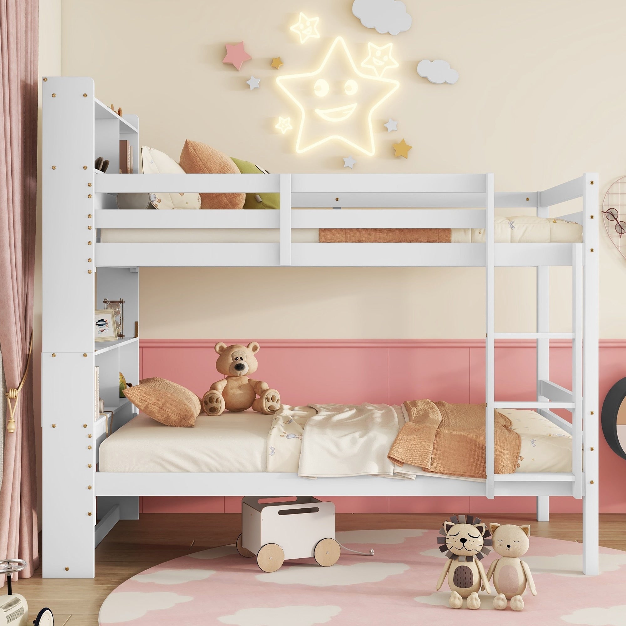 Twin Over Twin Bunk Bed With Shelves Rubber Wood Bed With Shelves Headboard Safety Guardrails And Ladder