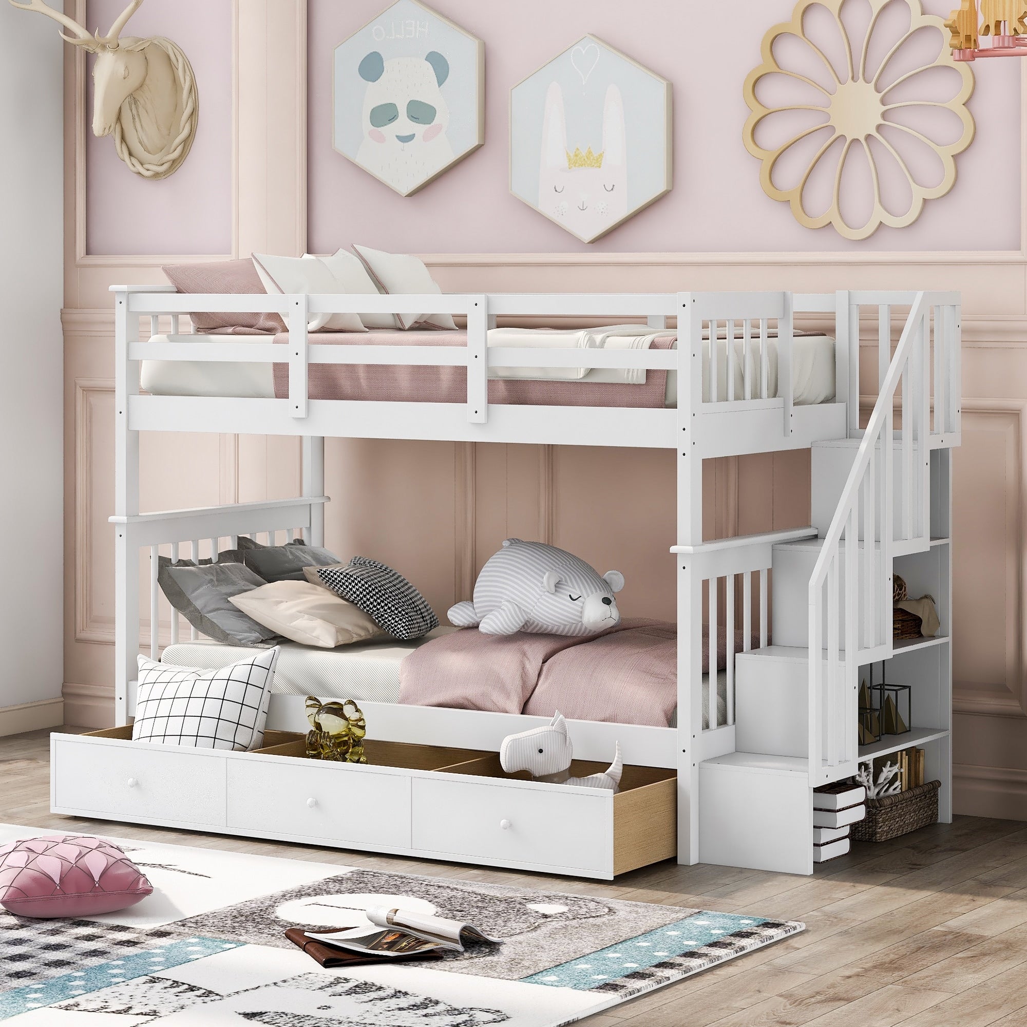 Twin Over Twin Bunk Bed With Stairs And Three Storage Drawers