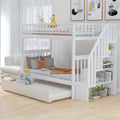 Twin Over Twin Bunk Bed With Trundle Storage Shelves Guardrail
