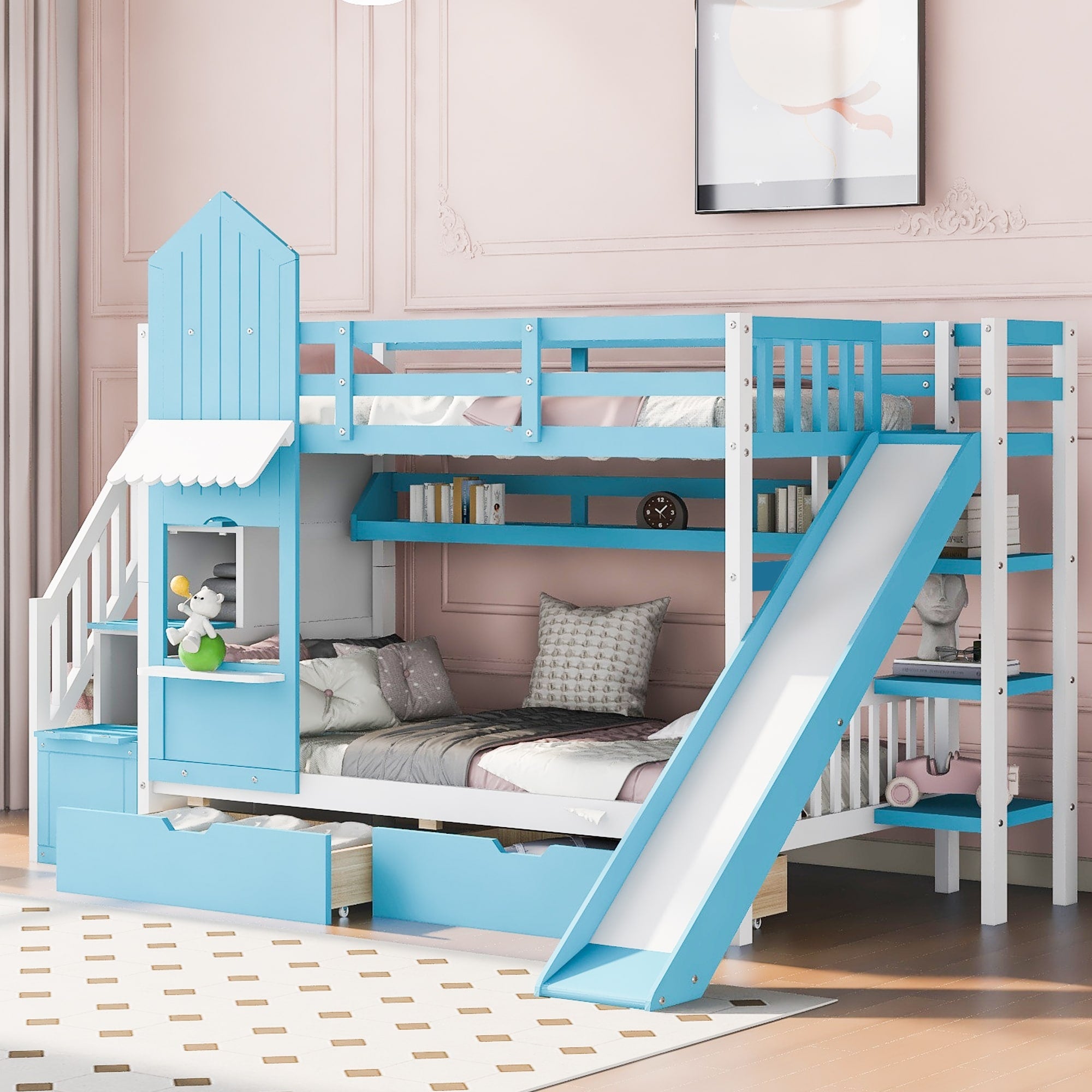 Twin Over Twin Castle Style Bunk Bed With 2 Drawers 3 Shelves And Slid Twin Bed Frame