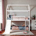 Twin Over Twin House Bunk Bed With Slide Solid Wood Frame Safety Rails Space Saving Kids Bed