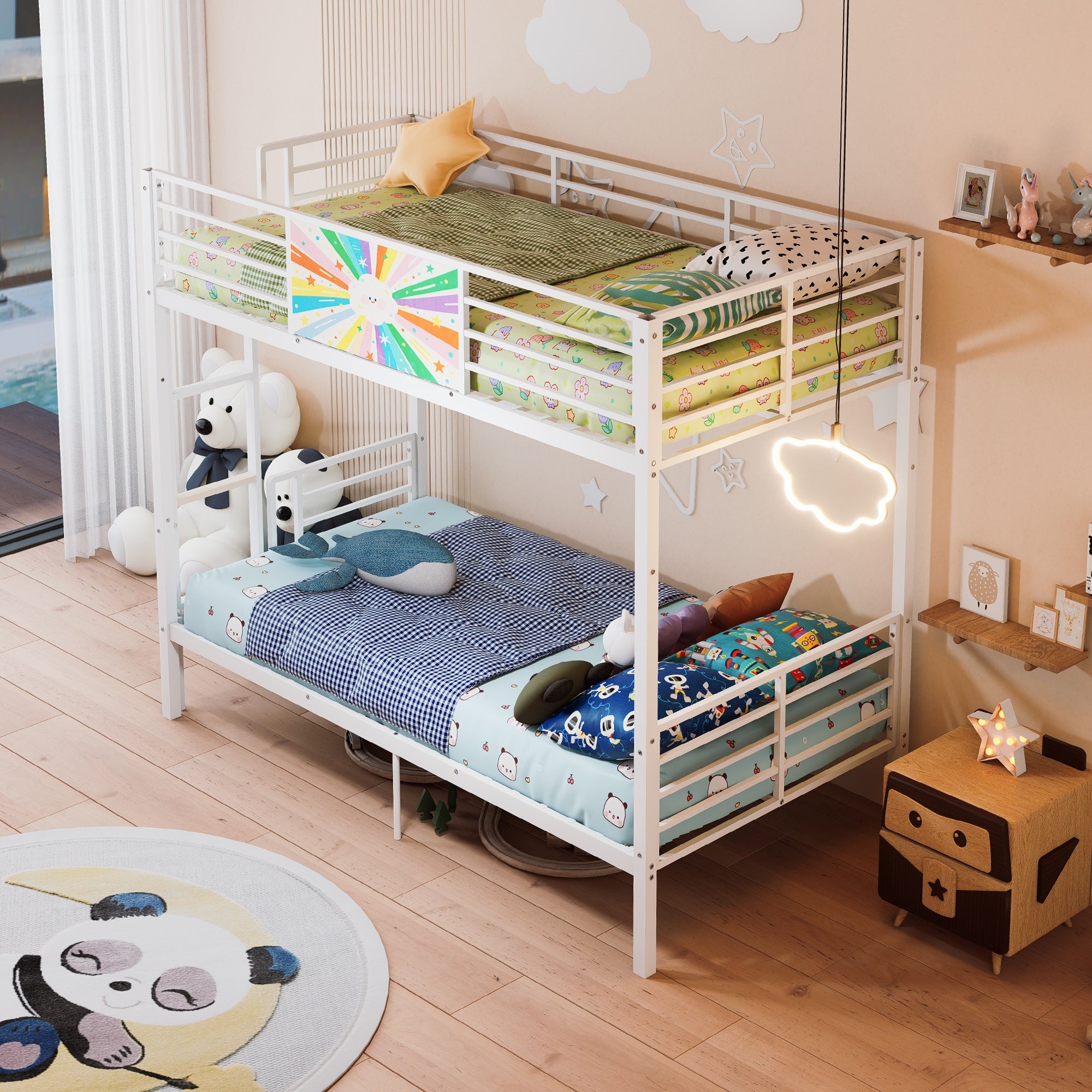 Twin Over Twin Metal Bunk Bed For Adults Kids Heavy Duty Bunk Bed Frame With Full Length Guardrail Padded Ladder
