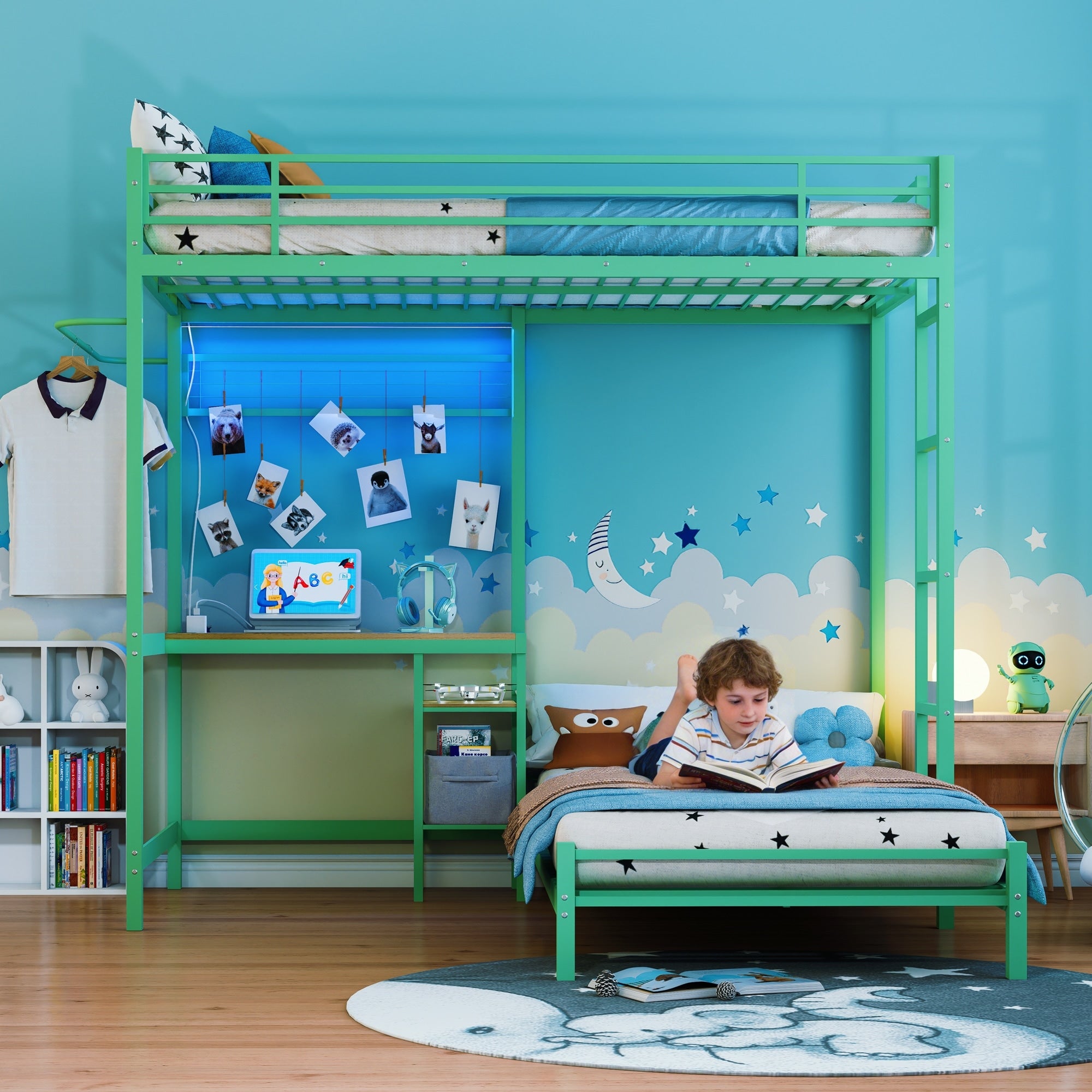 Twin Over Twin Metal Bunk Bed With Desk Storage Shelves Safety Guardrails