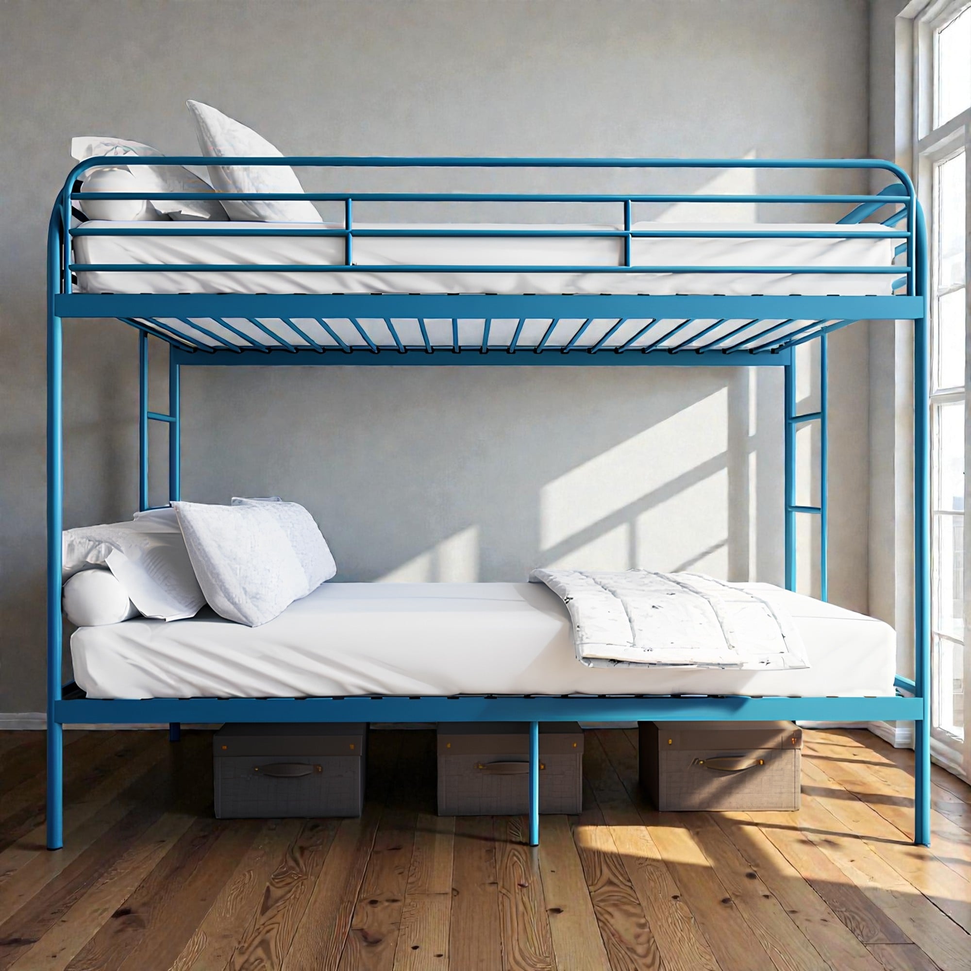 Twin Over Twin Metal Bunk Bed With Dual Ladders Full Length Guardrails Heavy Duty Frame No Box Spring Needed