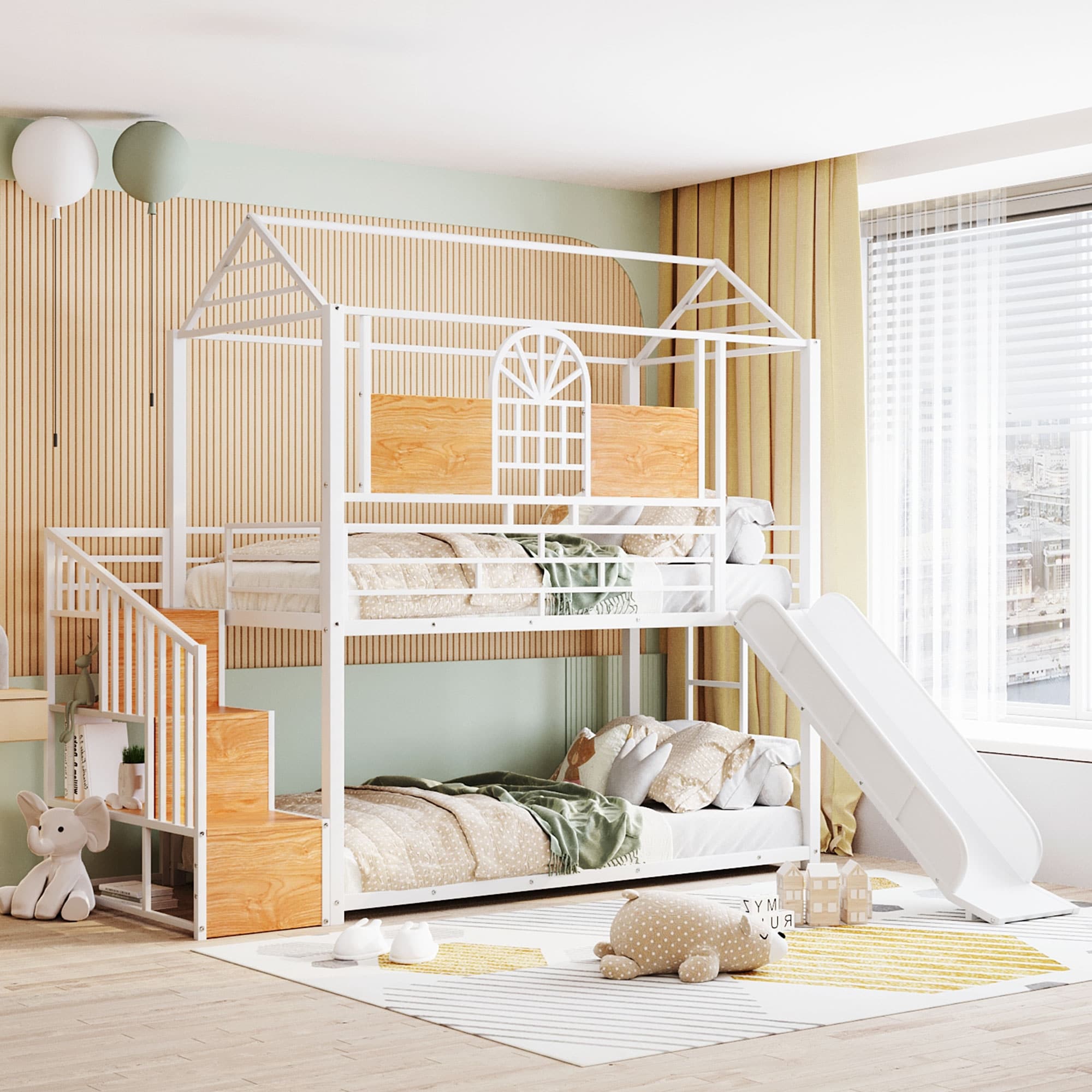 Twin Over Twin Metal Bunk Bed Metal Housebed With Slide And Storage Stair
