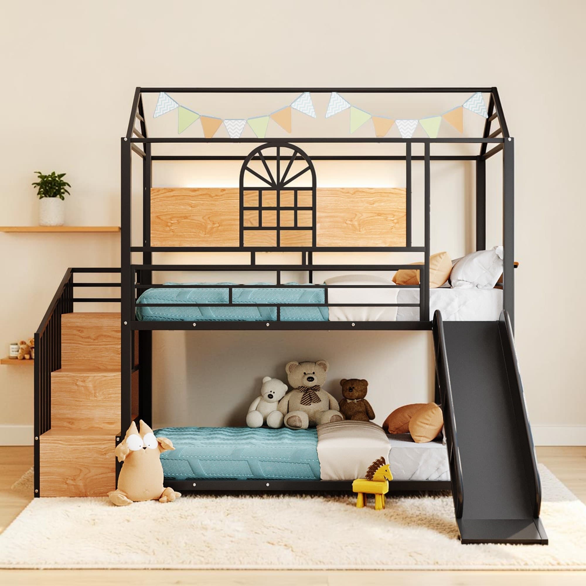 Twin Over Twin Metal House Bunk Bed With Slide And Storage Stairs Kids Playhouse Bed Frame