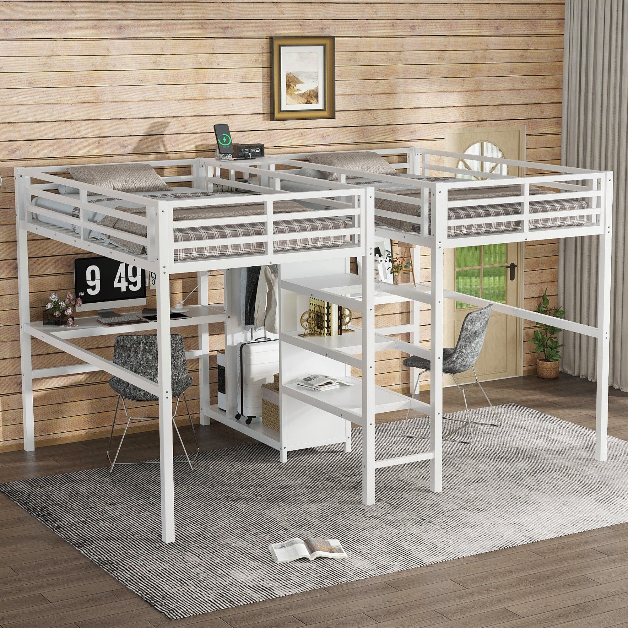 Twin Over Twin Metal Loft Bed With Double Desk Wardrobe Shelves