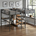 Twin Over Twin Metal Loft Bed With Double Desk Wardrobe Shelves And Power Outlets Space Saving Design