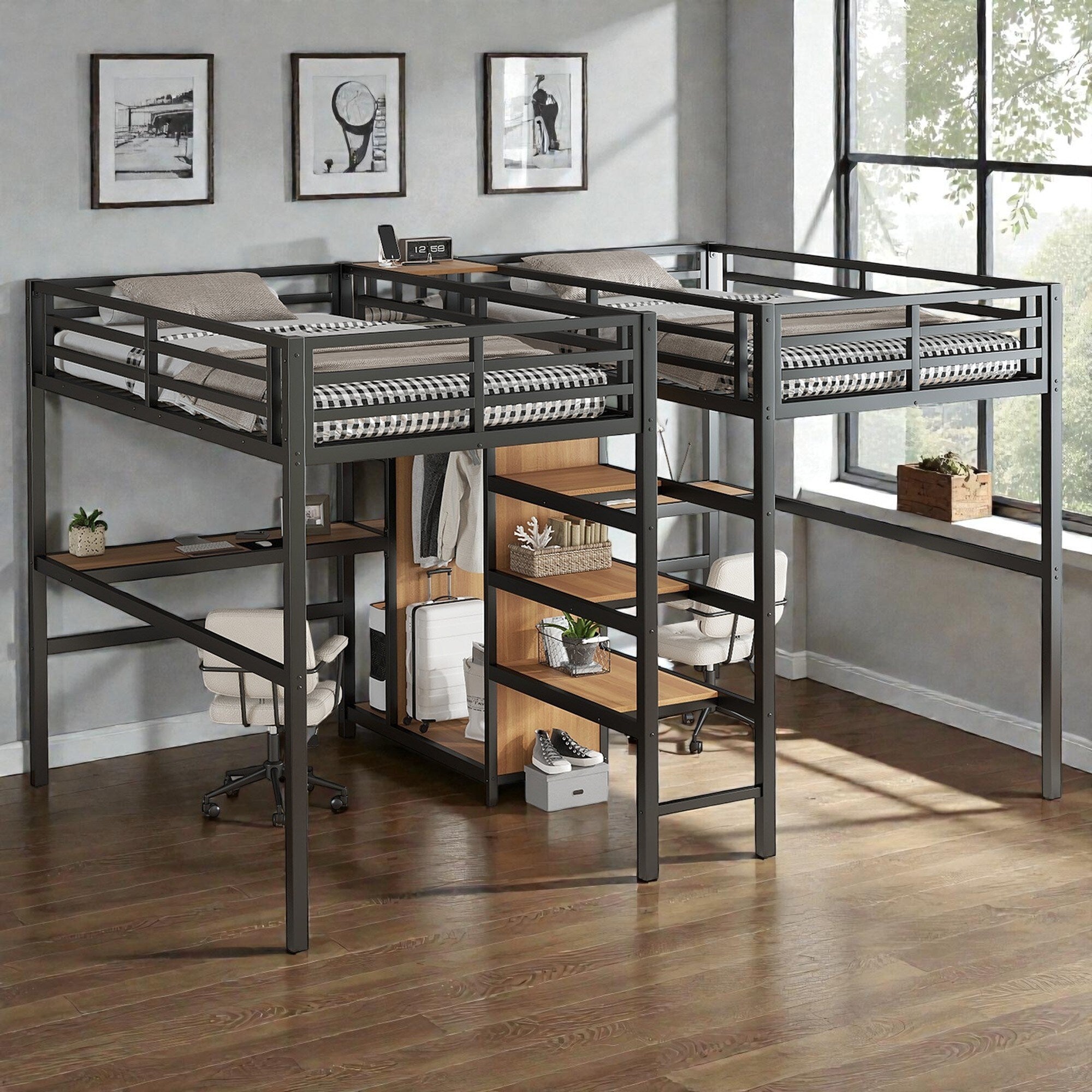 Twin Over Twin Metal Loft Bed With Double Desk Wardrobe Shelves And Power Outlets Space Saving Design