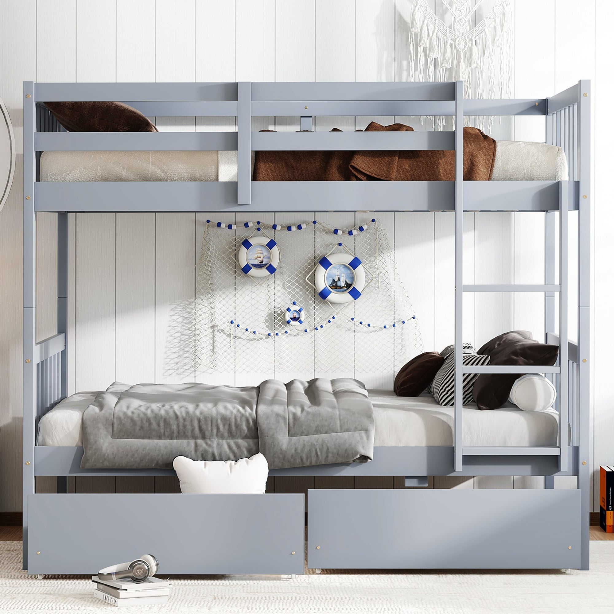 Twin Over Twin Rubber Wood Bunk Bed With 2 Drawers Convertible Into 2 Twin Beds