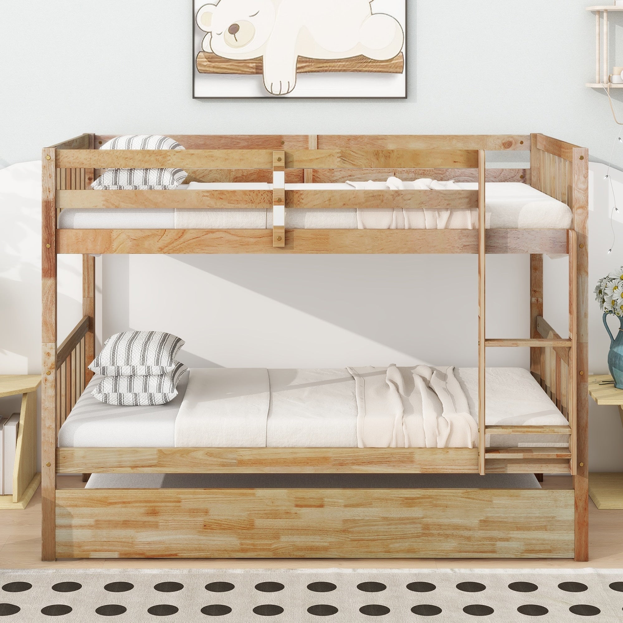 Twin Over Twin Rubber Wood Bunk Bed With Trundle Convertible Into 2 Twin Size Bunk Bed With Ladder And Safety Guardrails