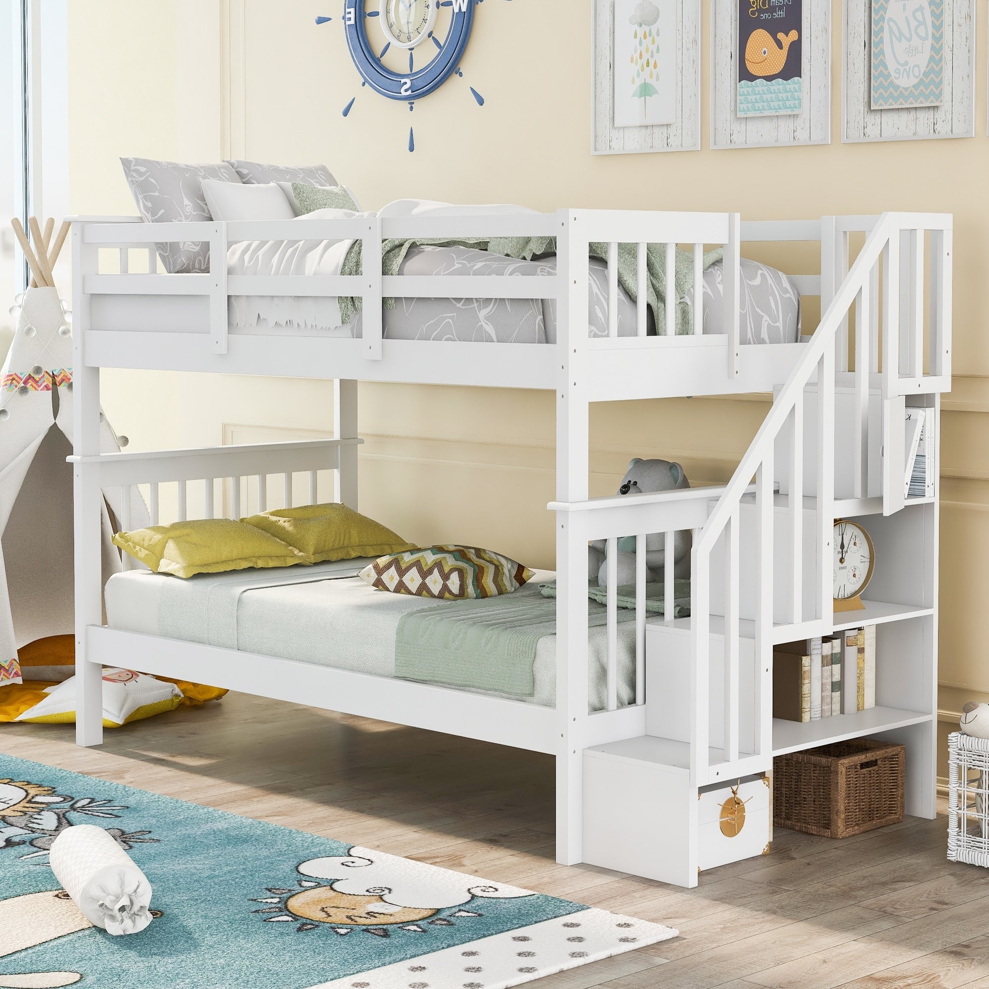 Twin Over Twin Stairway Bunk Bed With Storage Guardrails
