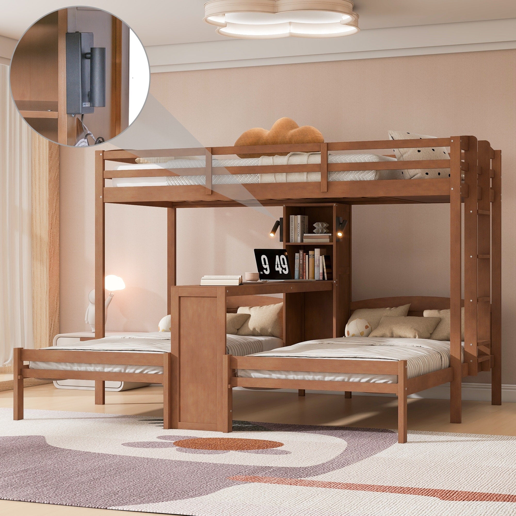 Twin Over Twin Twin Bunk Bed With Built In Desk And Storage Shelves
