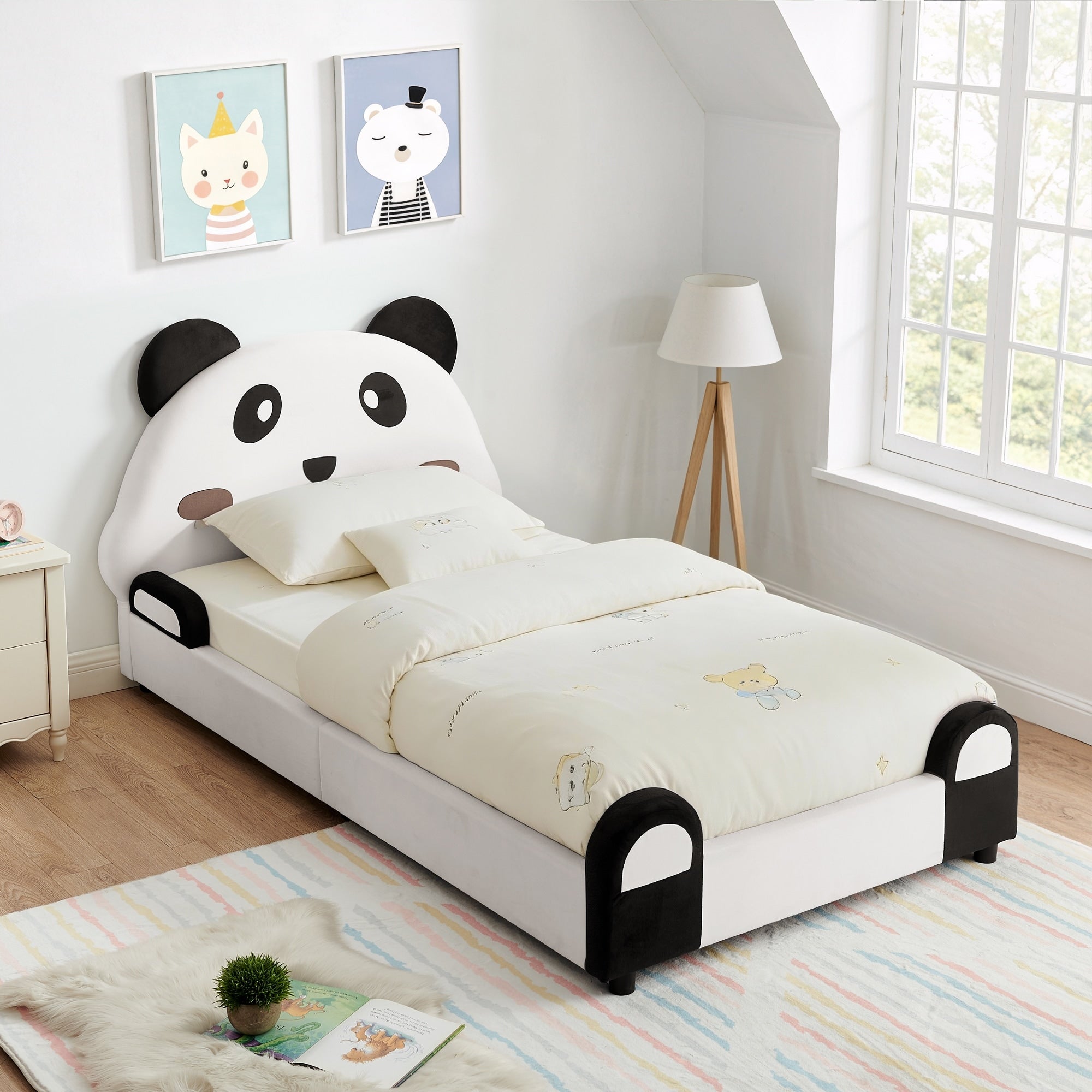 Twin Panda Shaped Kids Bed With Soft Padded Safety Edges Solid Wood Toddler Bed Frame In Velvet Fabric