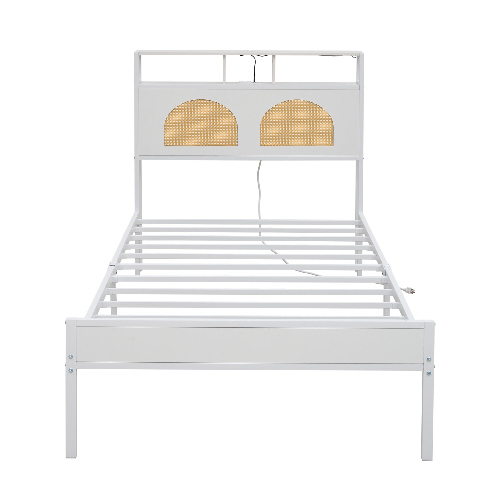 Twin Platform Bed Metal Bed Frame With Rattan Decorative Headboard Led Light Strips Charging Station No Box Spring Needed White