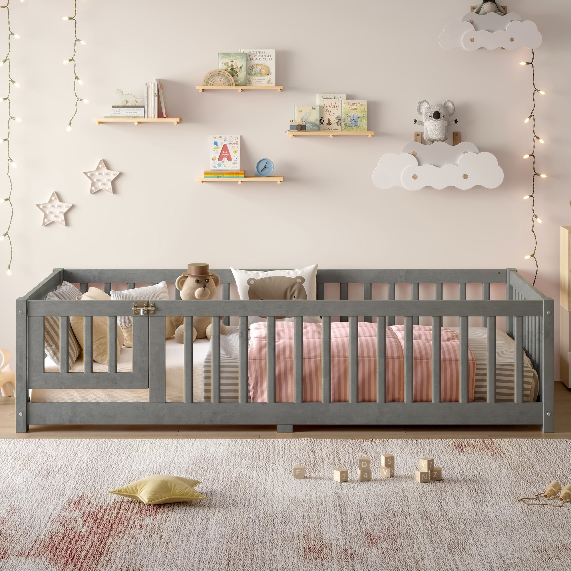 Twin Size Bed Floor Bed With Safety Guardrails And Door For Kids Wood Grain