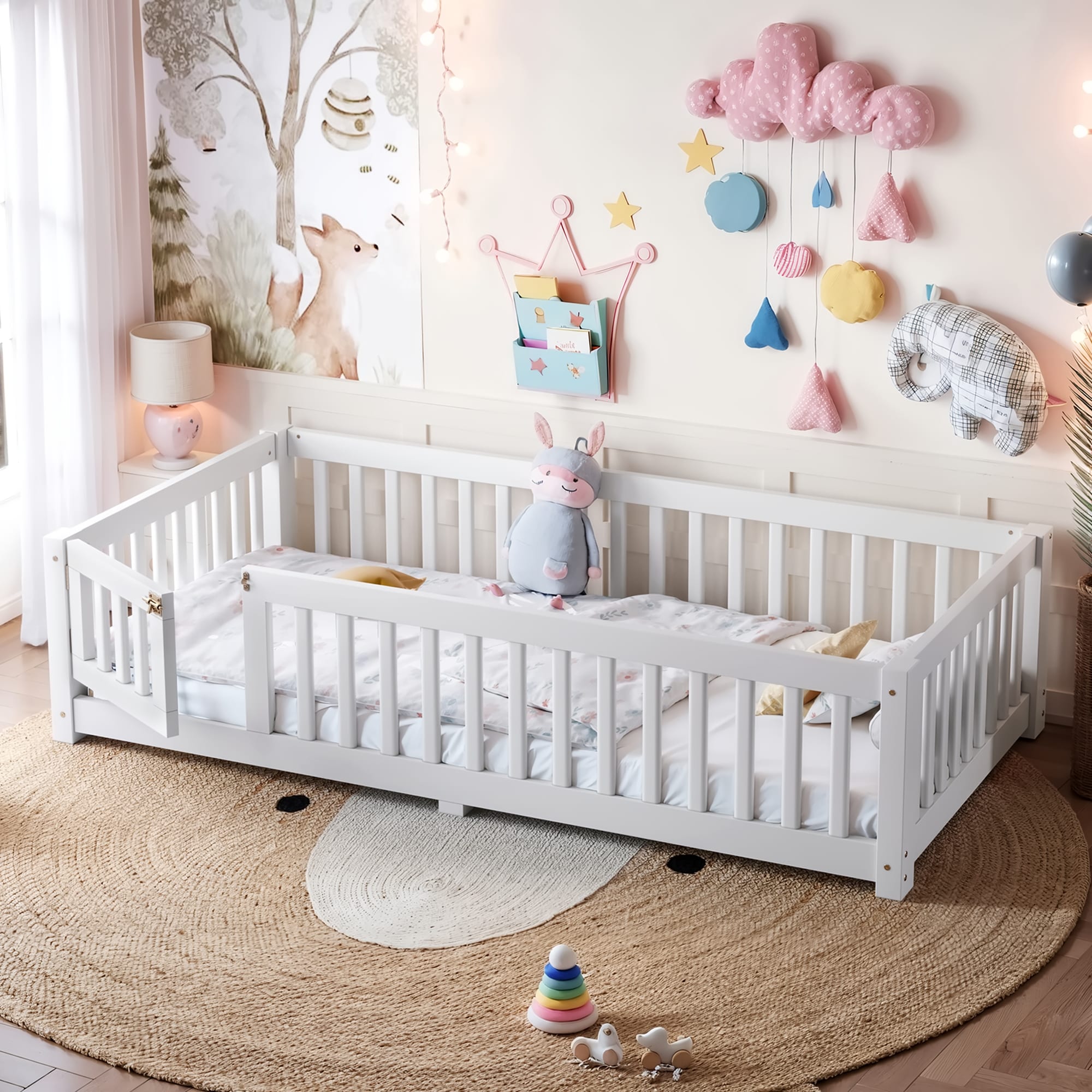 Twin Size Bed Floor Bed With Safety Guardrails And Door For Kids