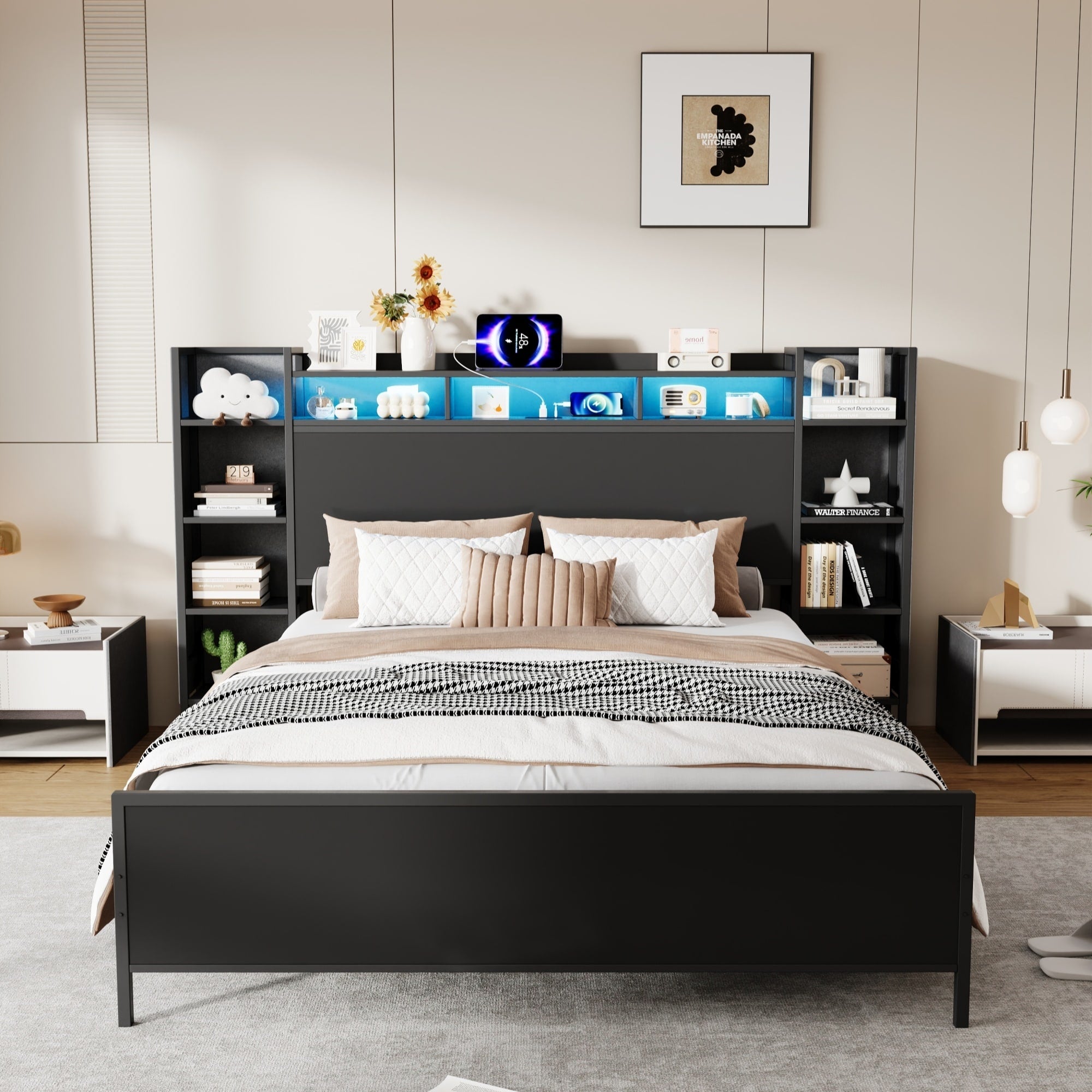 Twin Size Bed Frame With Usb Charging Station Storage Headboard And With Led Light Heavy Duty Metal Platform Bed Frame