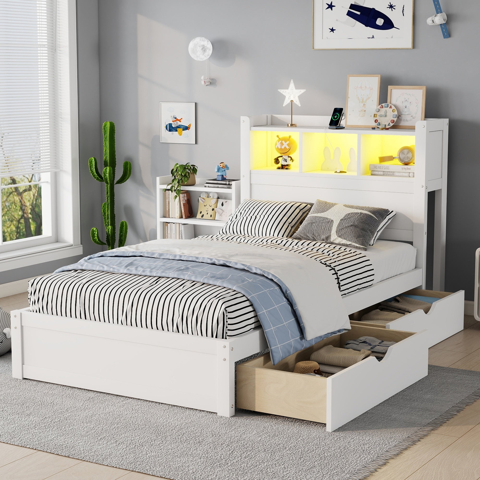 Twin Size Bed With Drawers Wood Twin Bed With Storage Headboard And Pull Out Storage Cabinet Wood Bed With Light And Socket