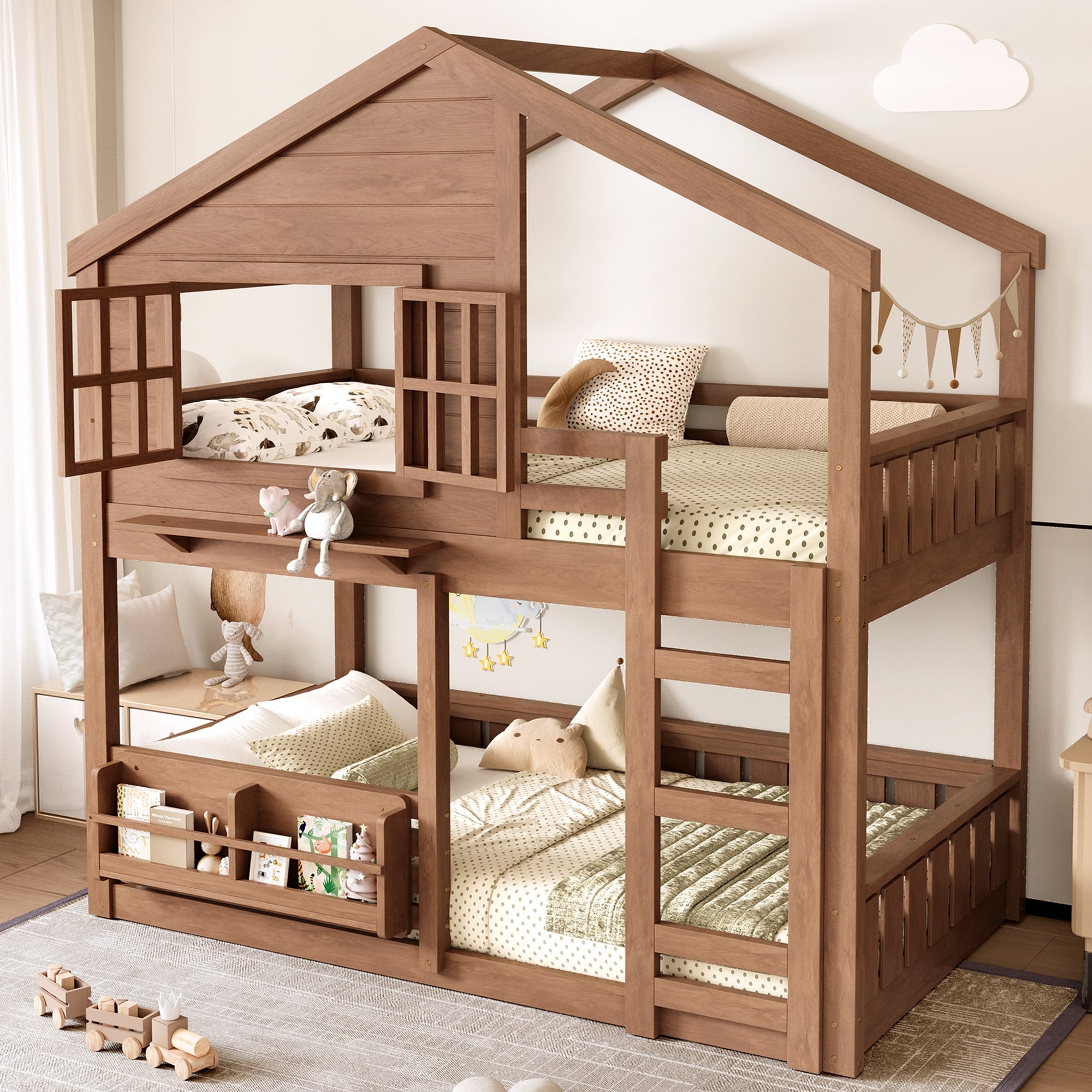 Twin Size Bunk Bed Loft Bed With Bookshelf House Design High Quality Safety Fencing Natural