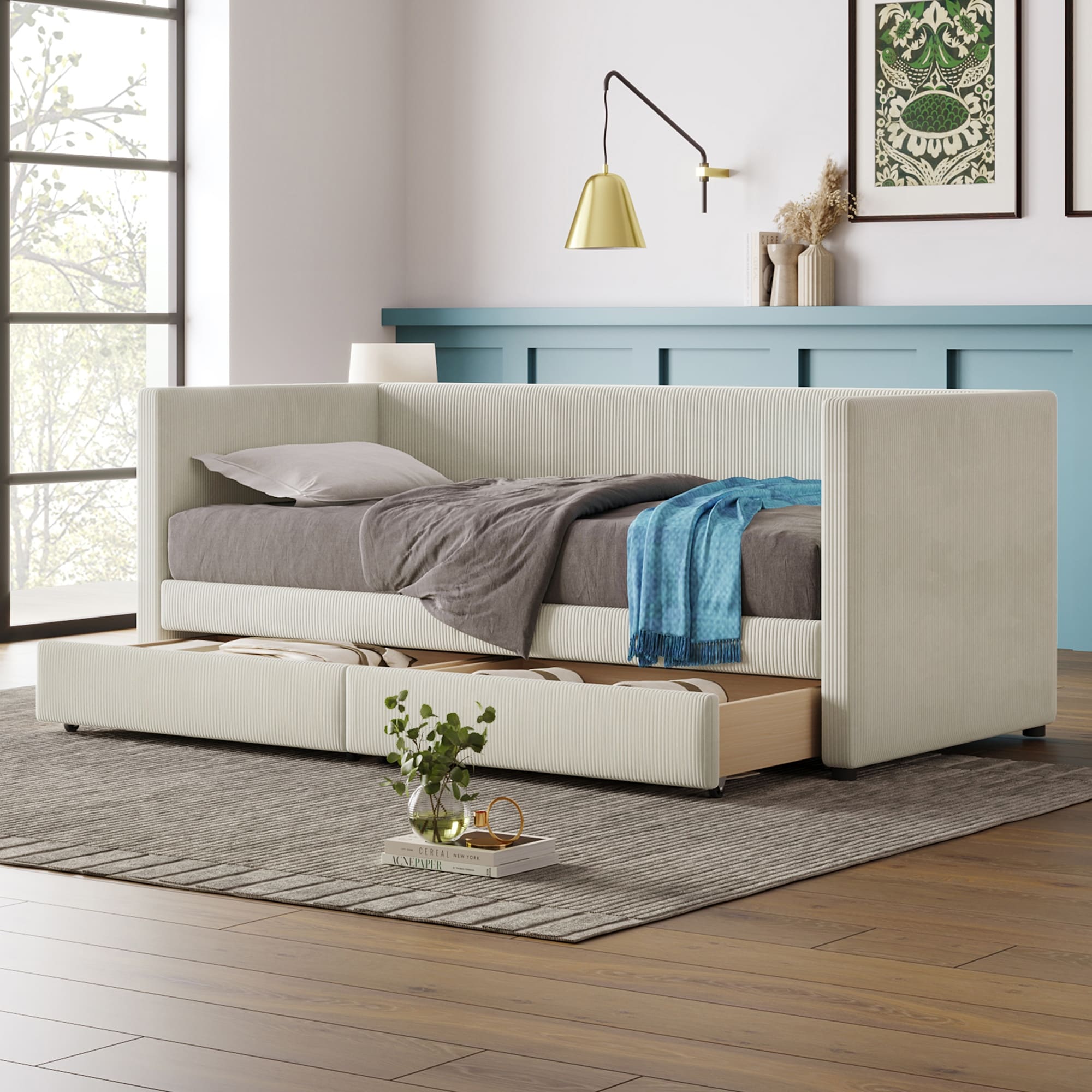 Twin Size Corduroy Daybed With Two Drawers And Wood Slat Beige