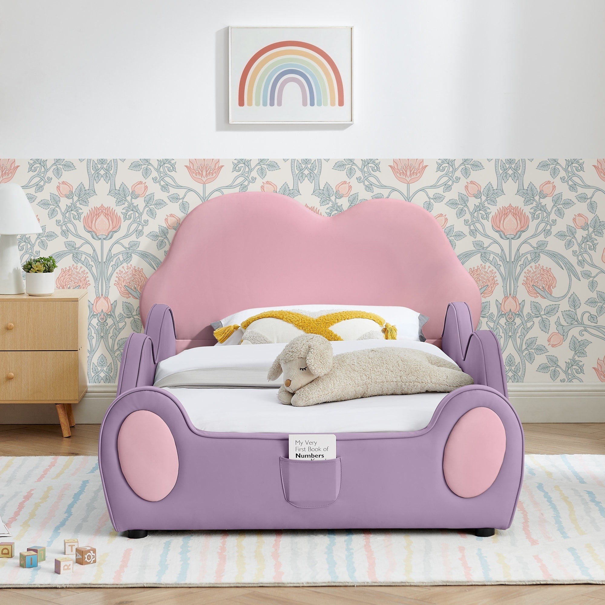 Twin Size Cute Cloud Shape Pu Leather Kids Bed With Guardrails Safety Toddler Bed With Cartoon Design And Storage Pocket