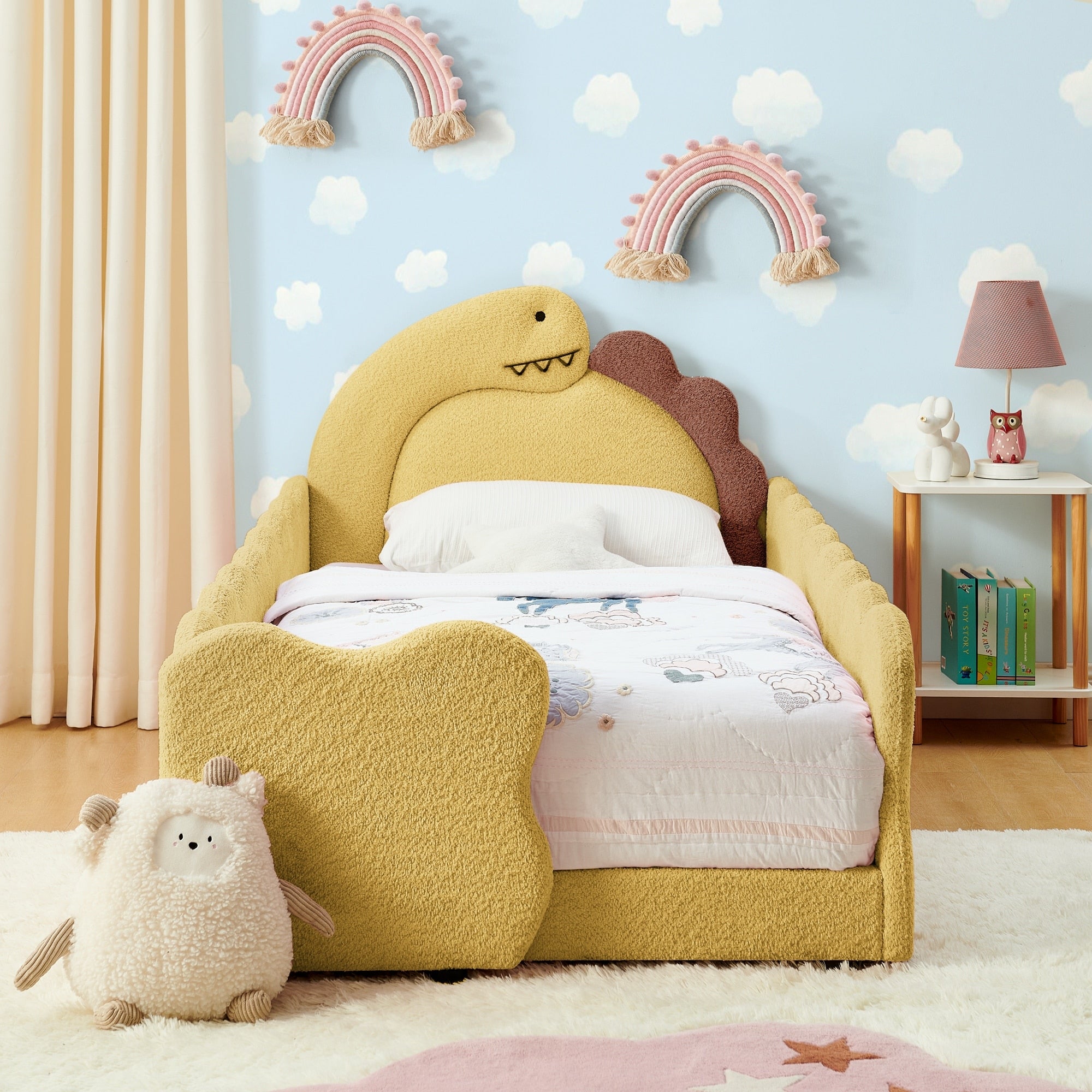 Twin Size Cute Dinosaur Shaped Kids Bed With Safety Guardraild Solid Wood Toddler Bed Frame For Children Boucle Fabric