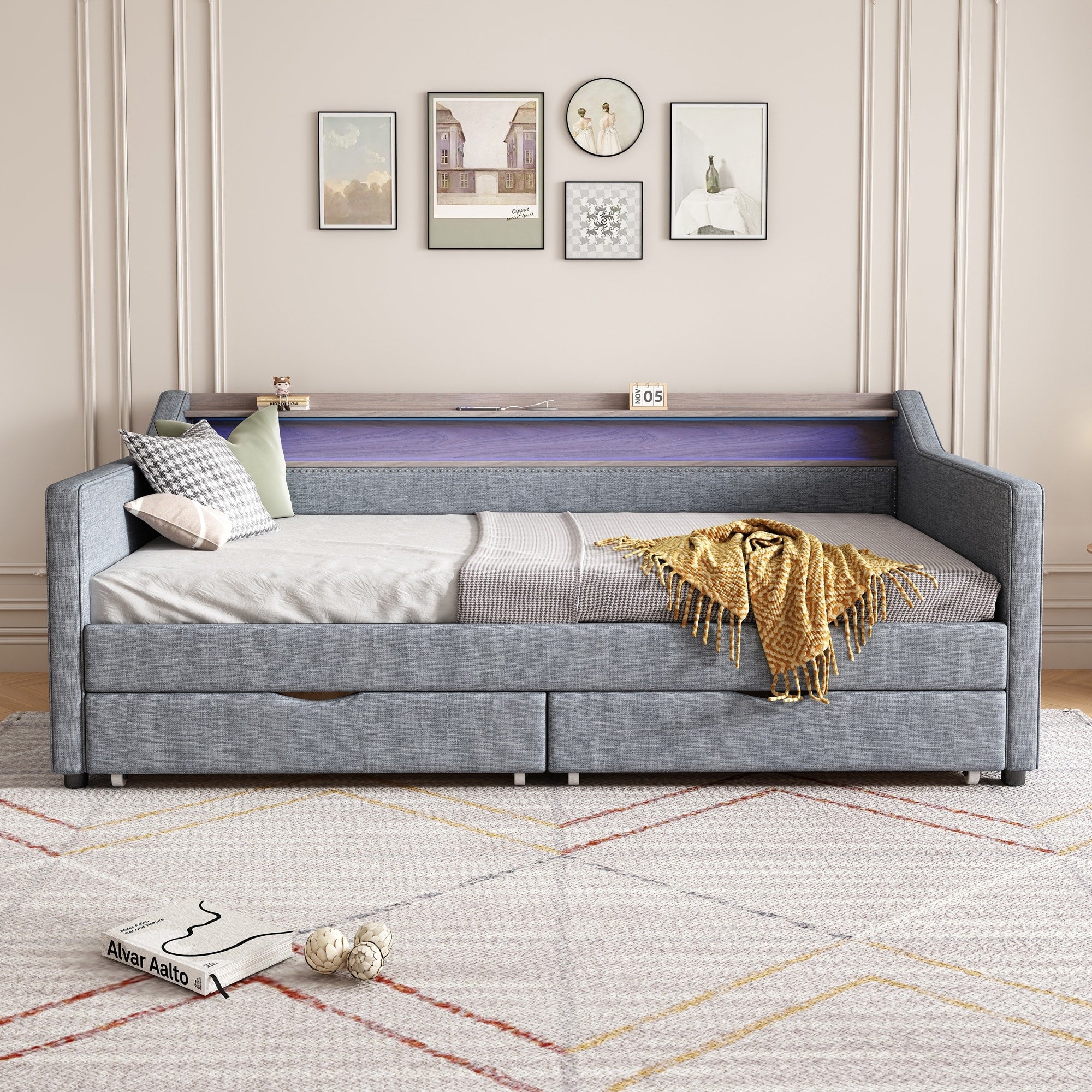 Twin Size Daybed Platform Bed Frame With 2 Storage Drawers Shelves