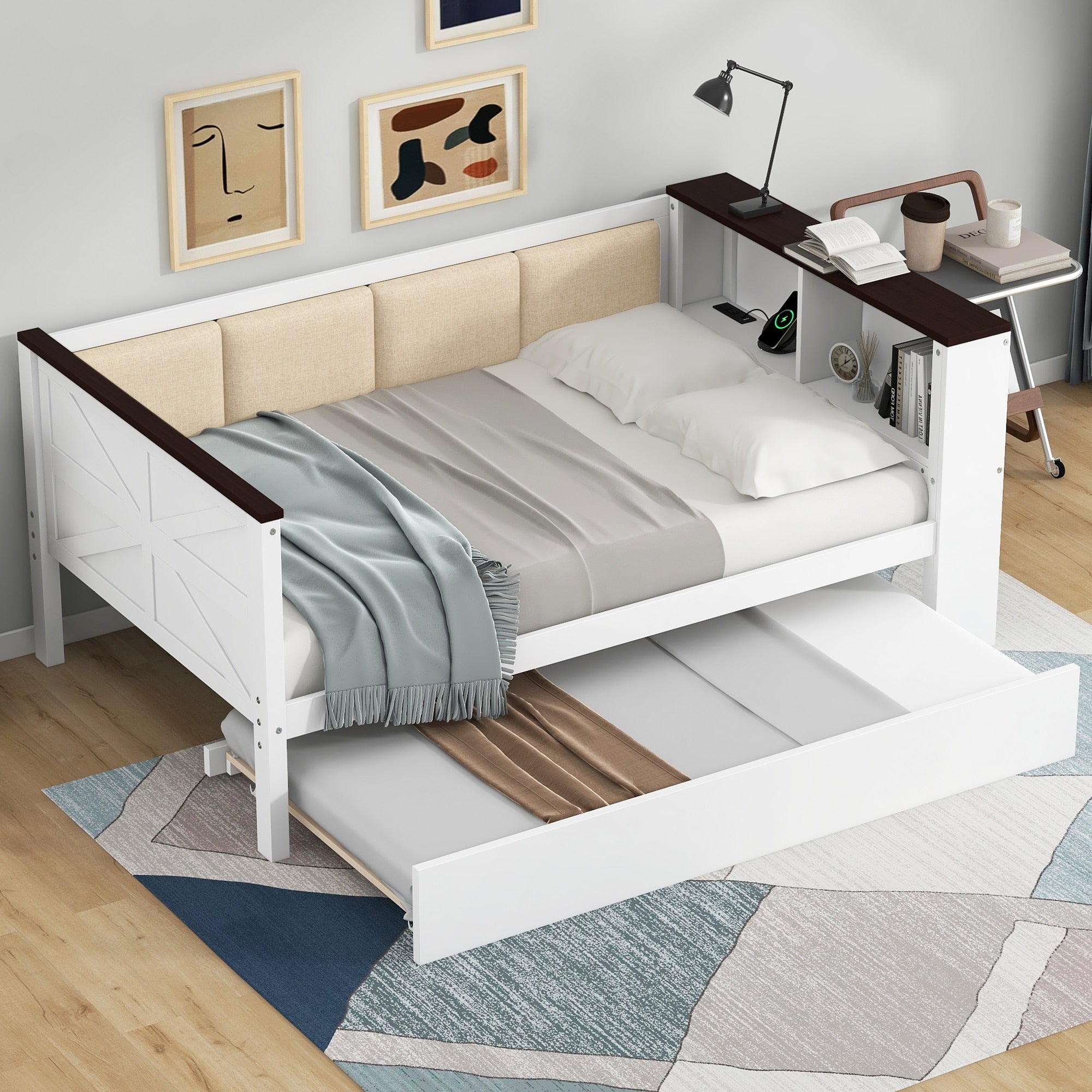 Twin Size Daybed Platform Bed Frame With Storage Shelves Trundle Bed