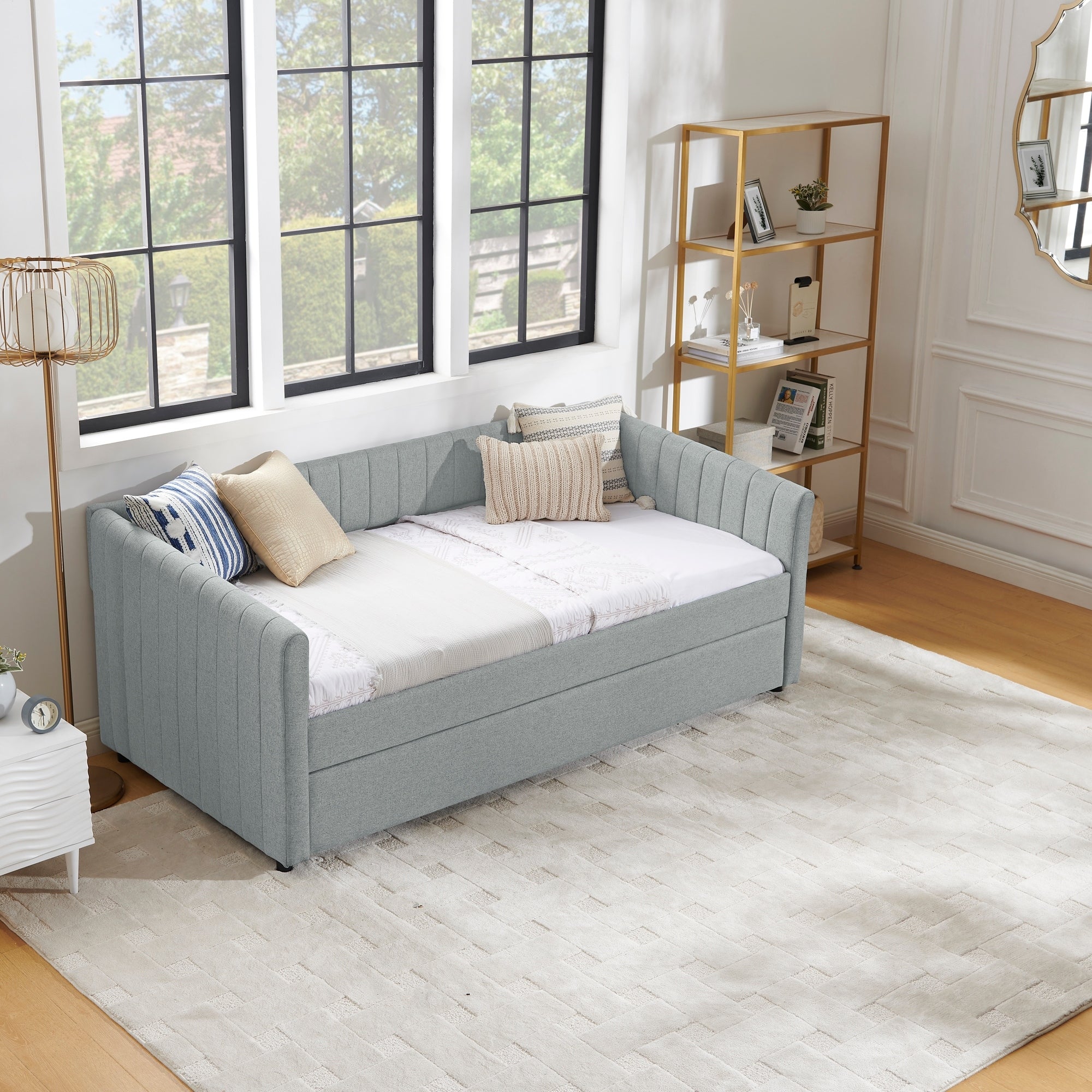Twin Size Daybed Upholstered Sofa Bed With Trundle Bed