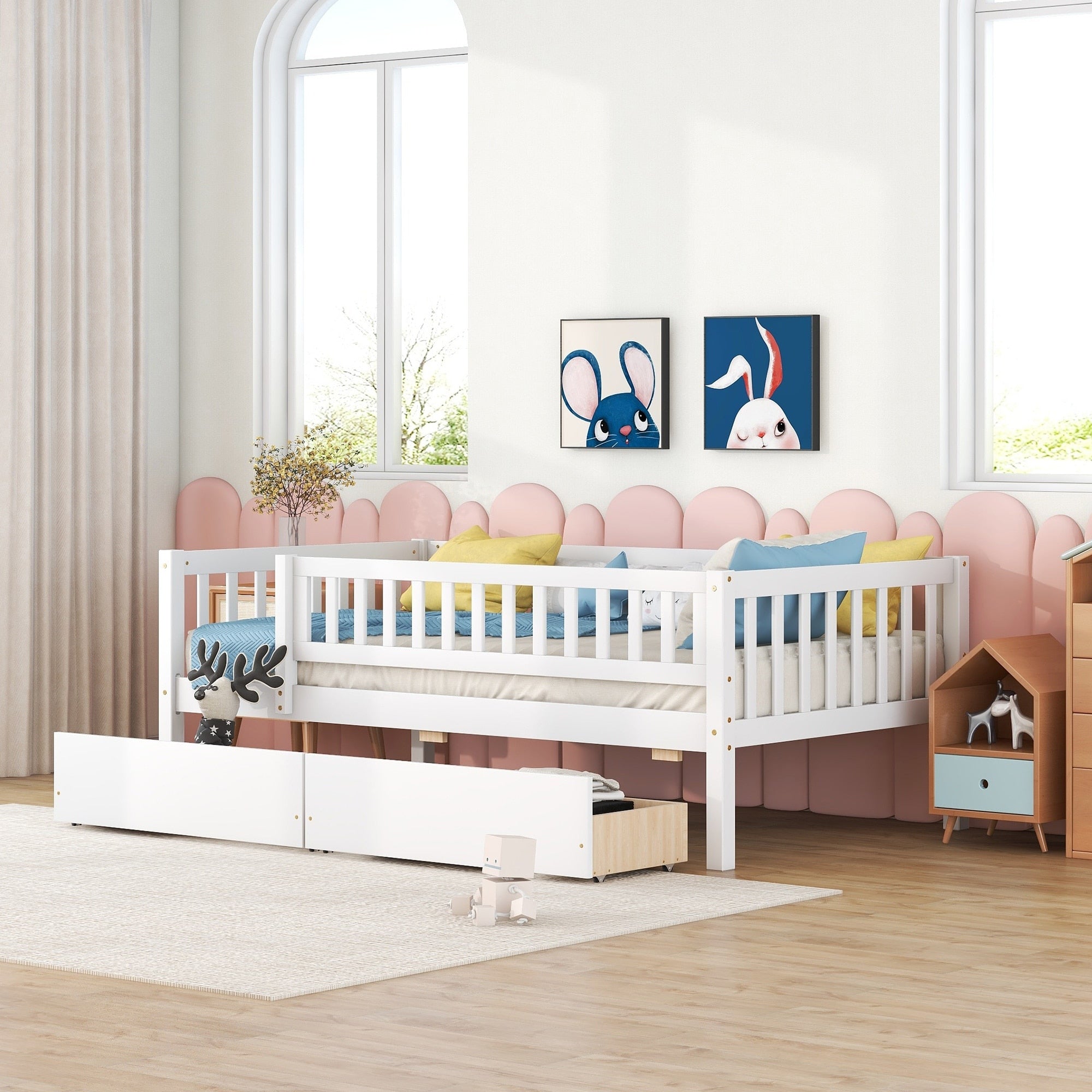 Twin Size Daybed Wood Bed With Two Drawers White