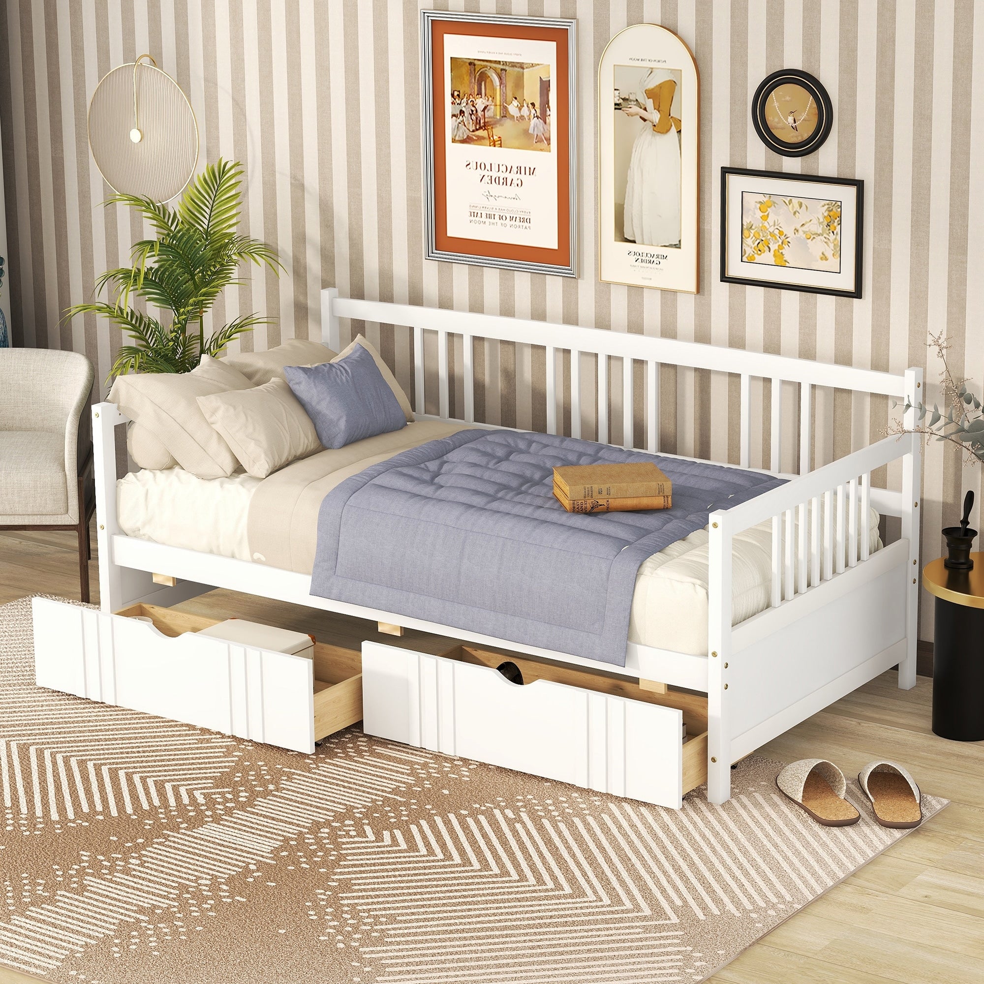 Twin Size Daybed Wood Bed With Two Drawers White