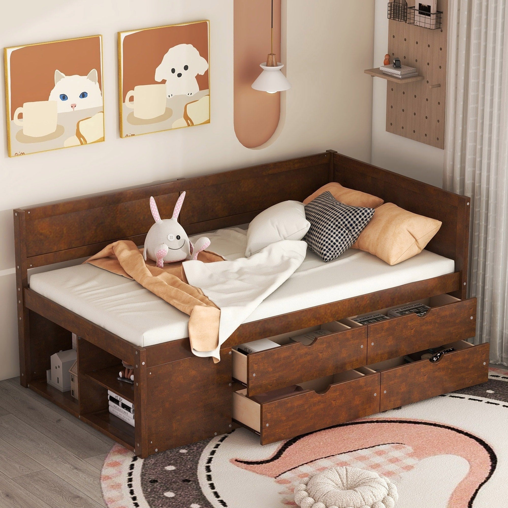 Twin Size Daybed With Drawers Shelves Modern Elegant Design