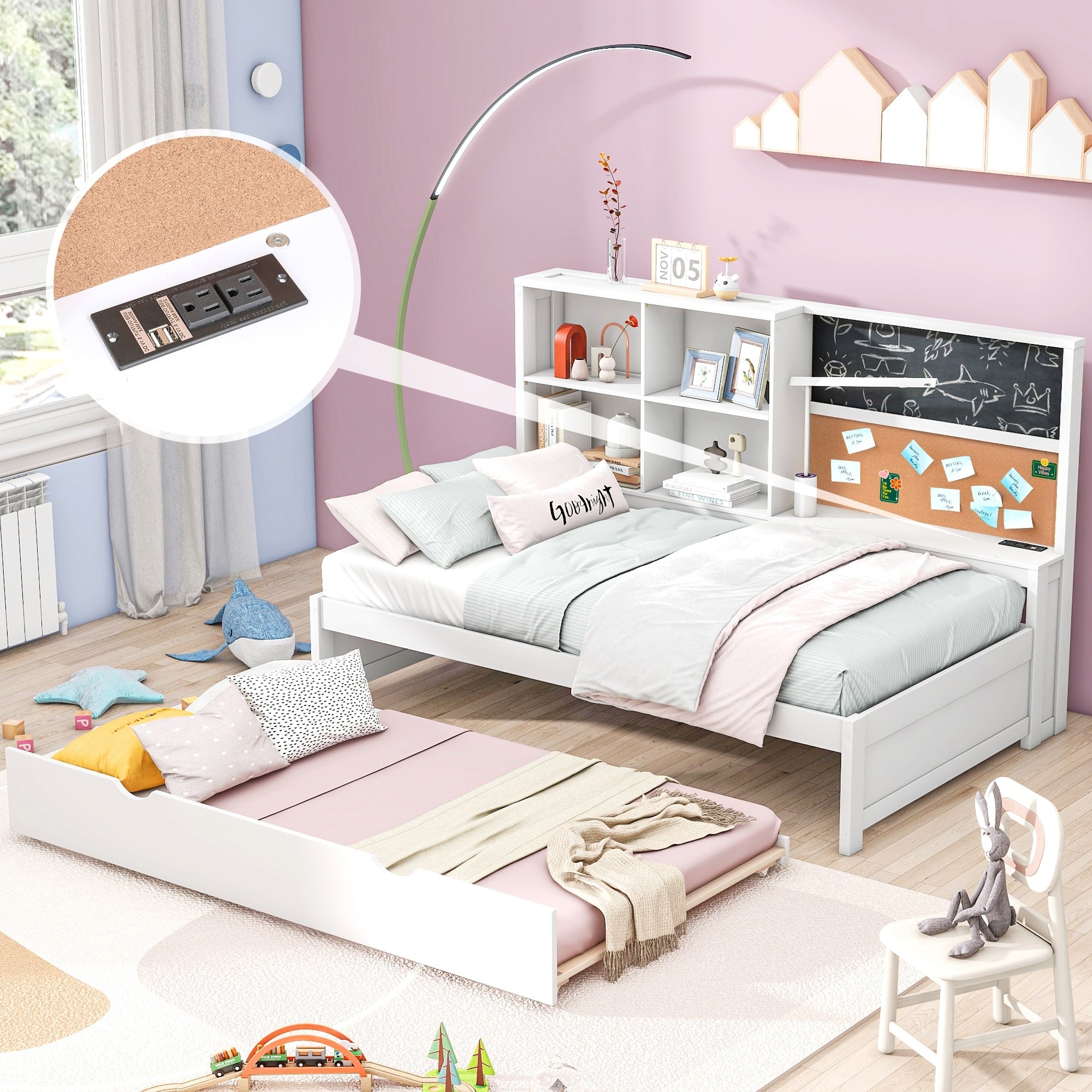 Twin Size Daybed With Storage Shelves Blackboard Cork Board Usb Ports And Twin Size Trundle